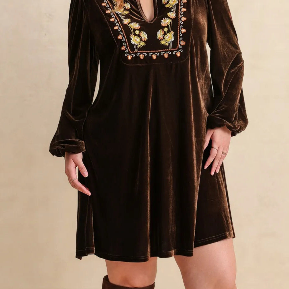 Plus Size Embroidered Notched Balloon Sleeve Mini Dress-Dresses-Krush Kandy, Women's Online Fashion Boutique Located in Phoenix, Arizona (Scottsdale Area)