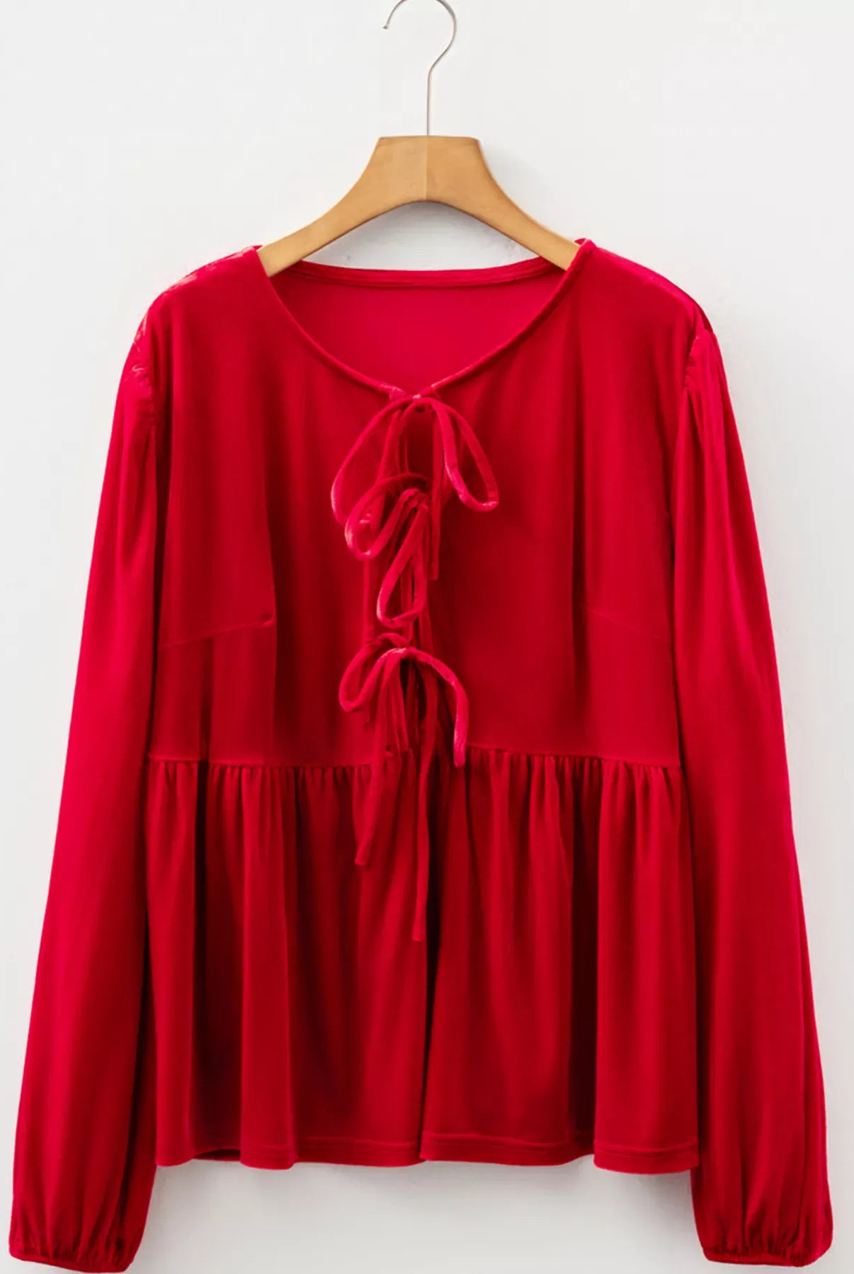 Plus Size Tie Front Velvet Peplum Blouse-Blouses-Krush Kandy, Women's Online Fashion Boutique Located in Phoenix, Arizona (Scottsdale Area)