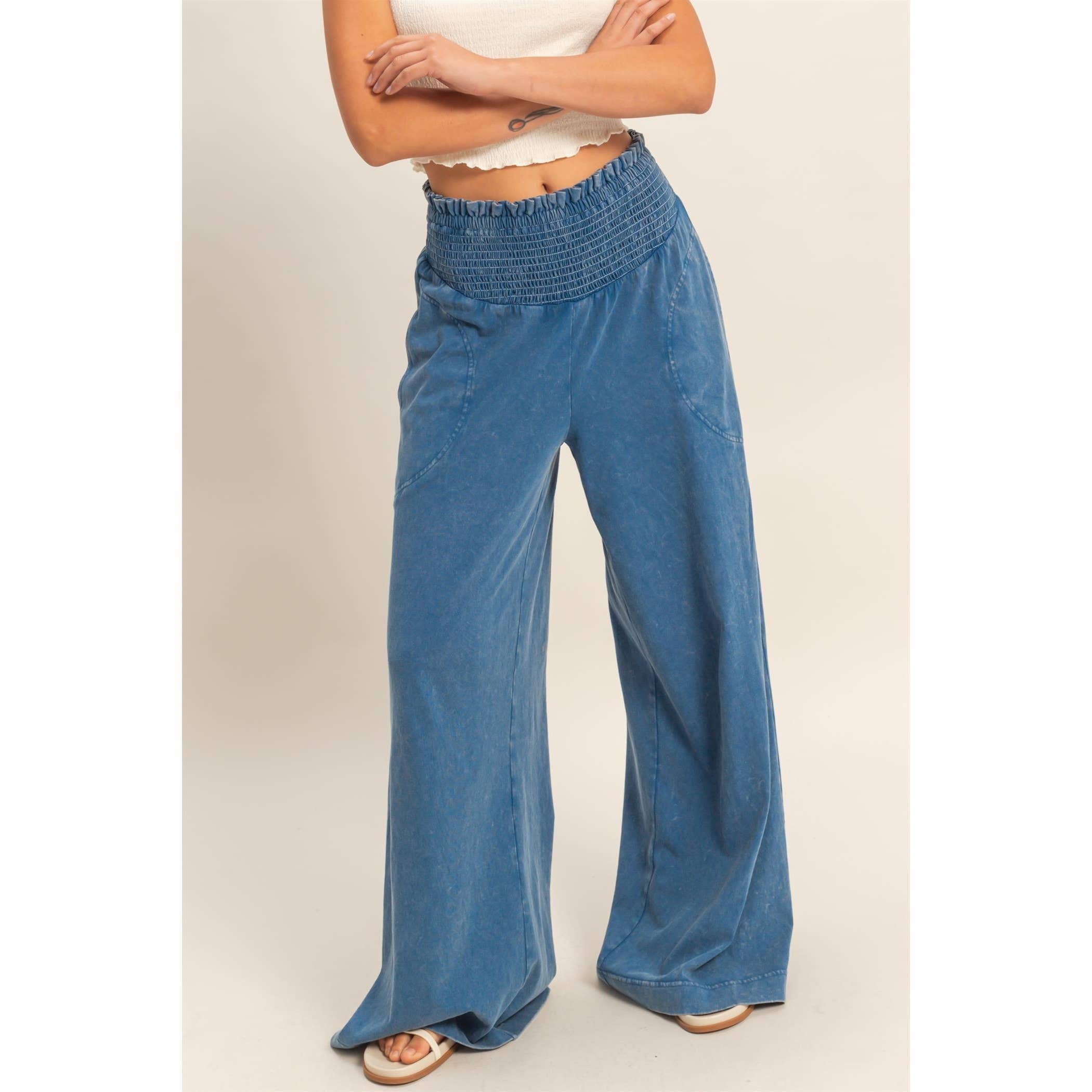 So Fetch Mineral Washed Wide-Leg Smocked Waist Pants | 6 Colors