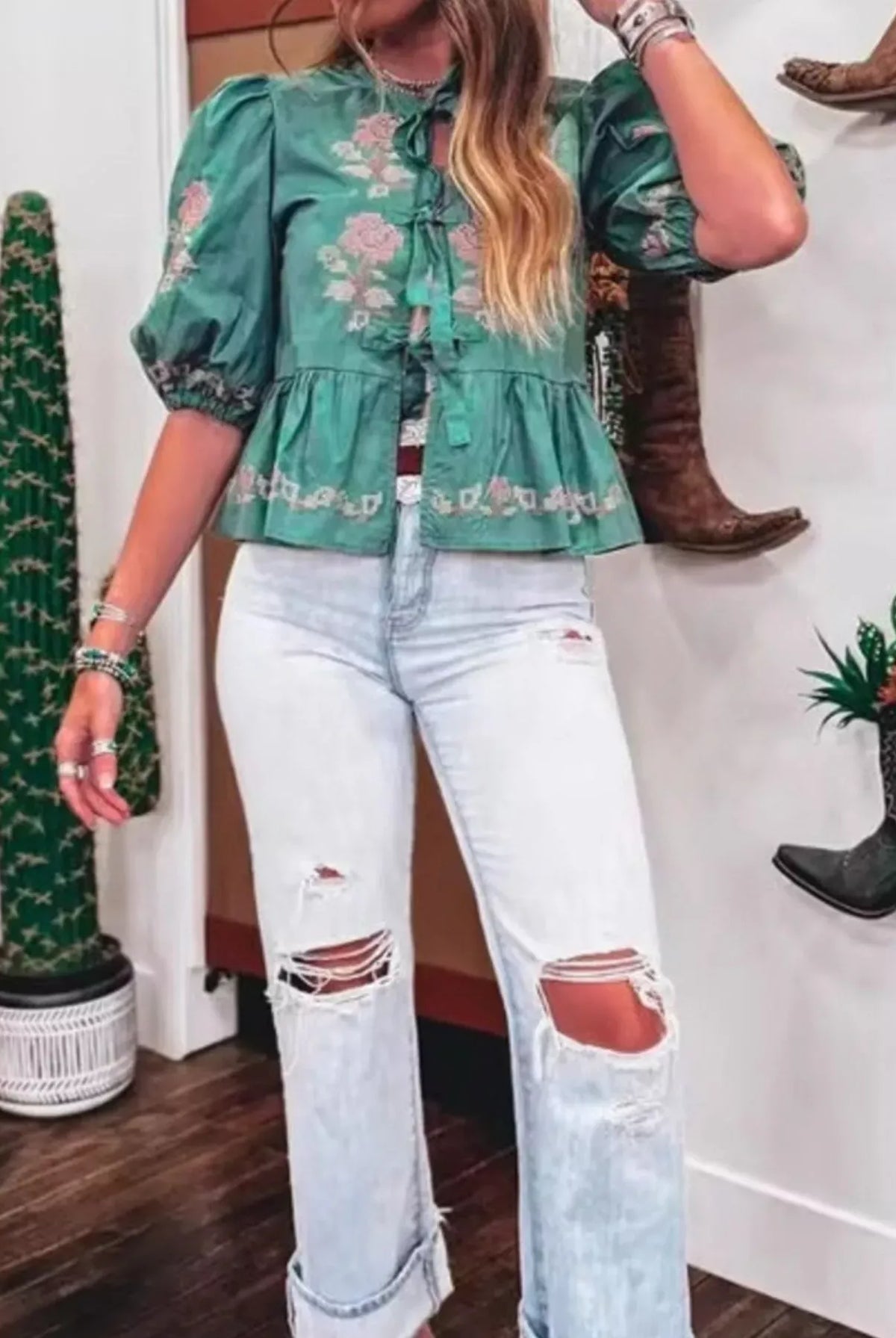 Tie Front Puff Sleeve Blouse-Blouses-Krush Kandy, Women's Online Fashion Boutique Located in Phoenix, Arizona (Scottsdale Area)