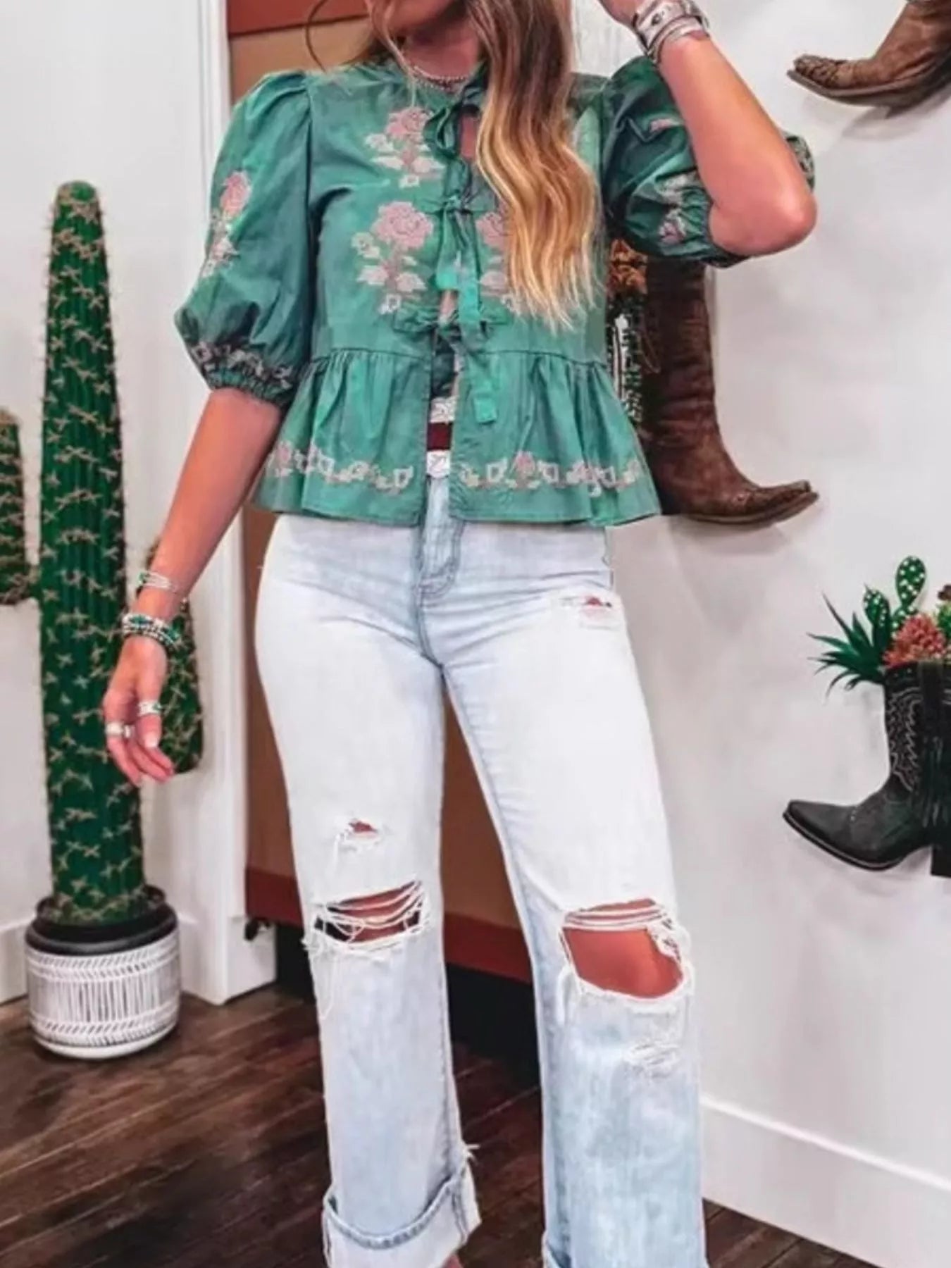 Tie Front Puff Sleeve Blouse-Blouses-Krush Kandy, Women's Online Fashion Boutique Located in Phoenix, Arizona (Scottsdale Area)