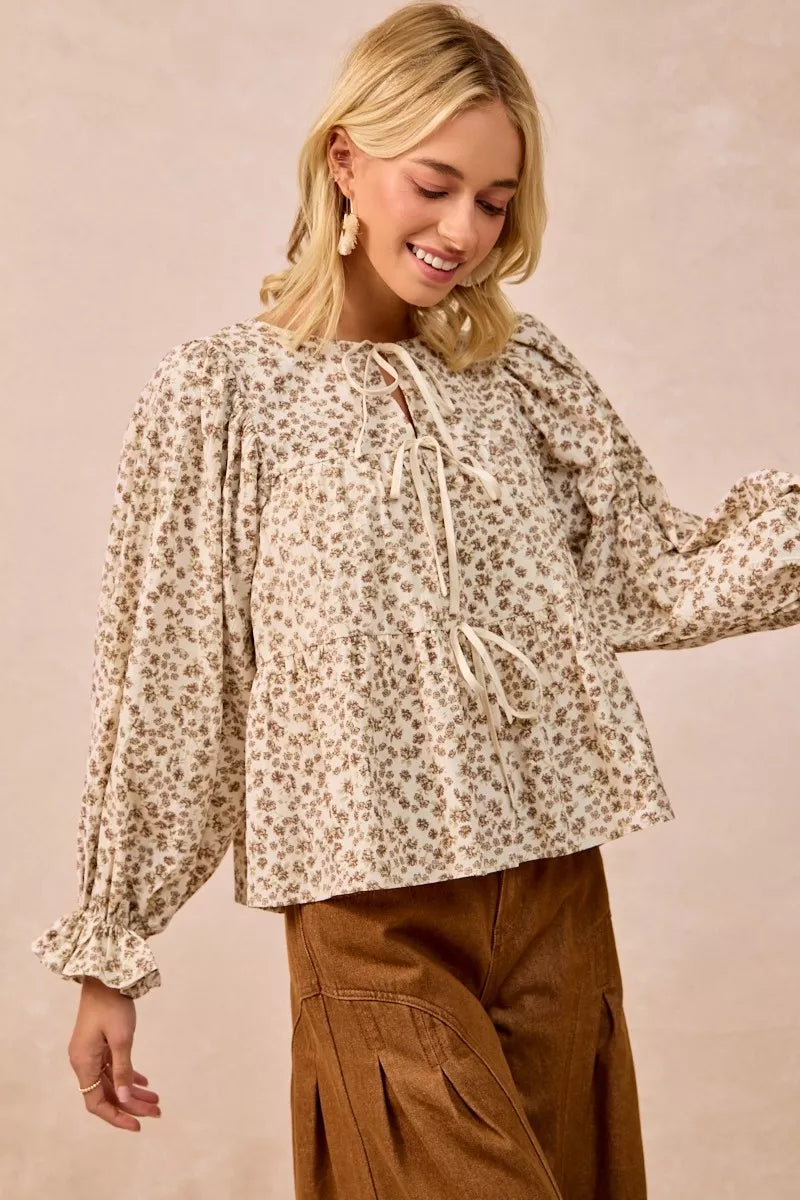 BiBi Floral Printed Peplum Blouse with Shirring and Tied-Tops-Krush Kandy, Women's Online Fashion Boutique Located in Phoenix, Arizona (Scottsdale Area)