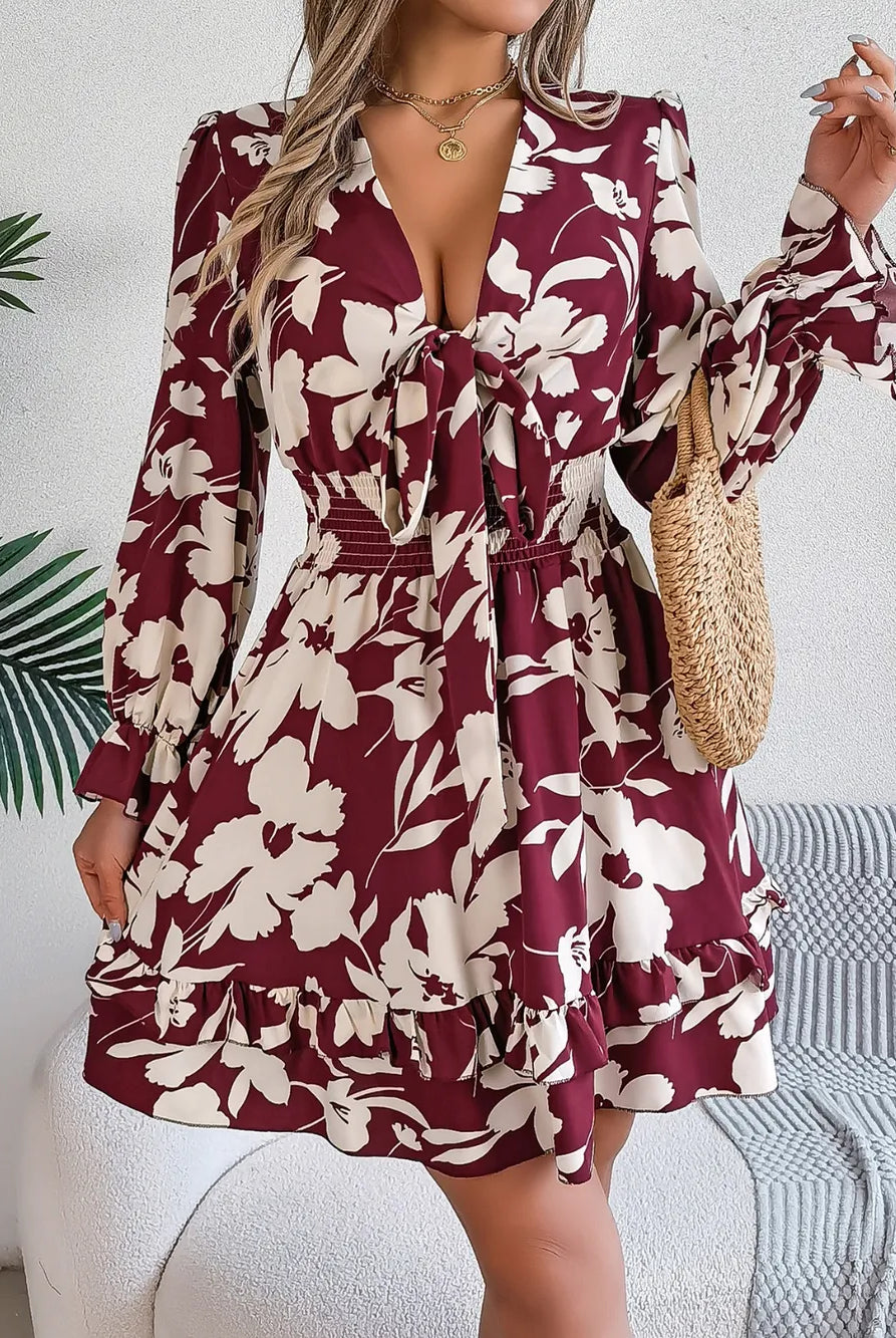 Tied Ruffled Printed Long Sleeve Dress-Krush Kandy, Women's Online Fashion Boutique Located in Phoenix, Arizona (Scottsdale Area)