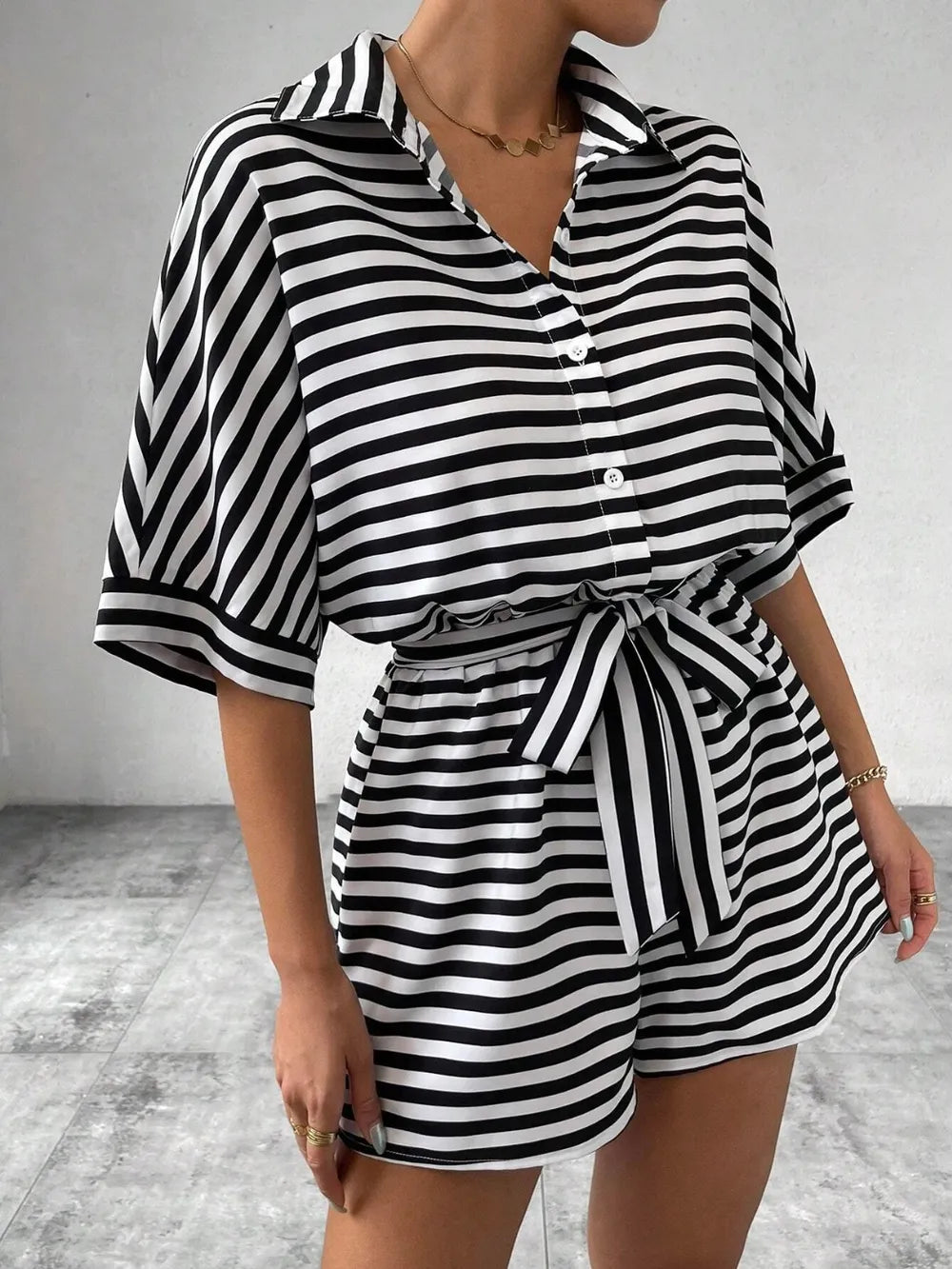 Tie Waist Half Button Striped Romper-Jumpsuits & Rompers-Krush Kandy, Women's Online Fashion Boutique Located in Phoenix, Arizona (Scottsdale Area)