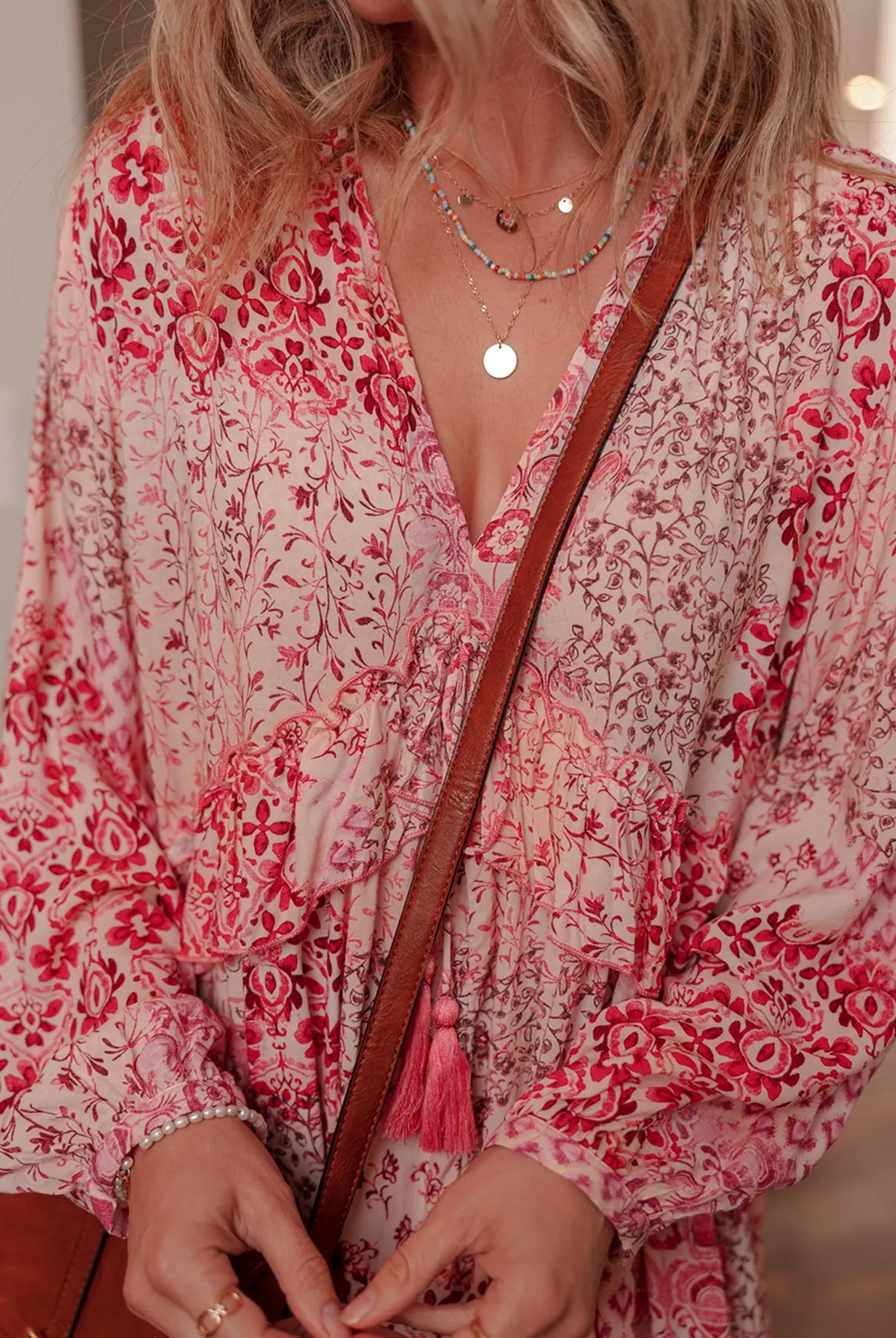 loral Print Tassel Tie Long Sleeve Flowy Mini Dress-Dresses-Krush Kandy, Women's Online Fashion Boutique Located in Phoenix, Arizona (Scottsdale Area)