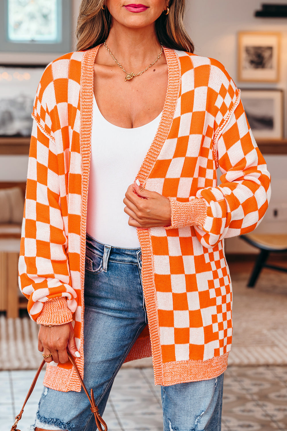 Orange Checkered Knit Cardigan-Cardigans-Krush Kandy, Women's Online Fashion Boutique Located in Phoenix, Arizona (Scottsdale Area)