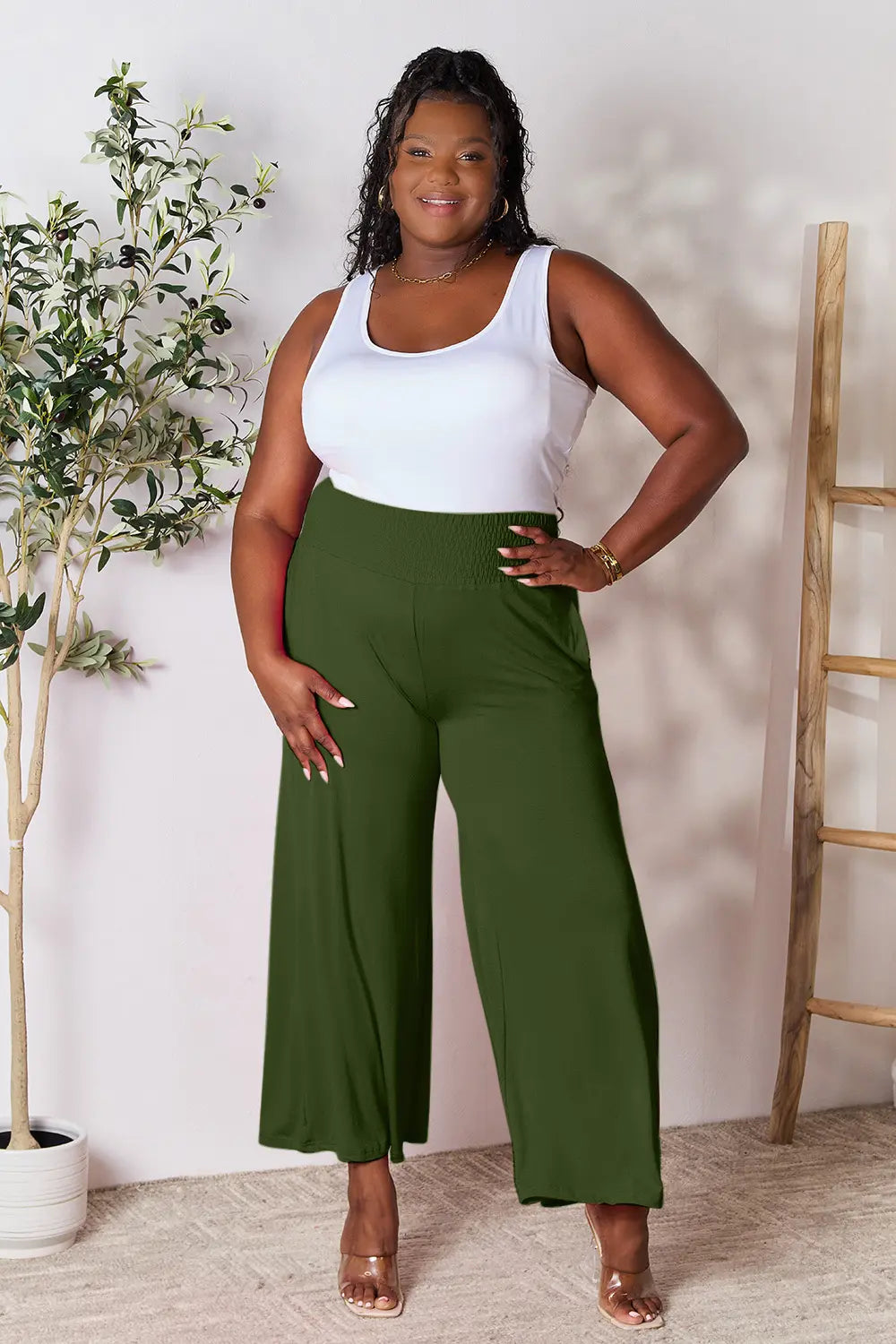 Full Size Smocked Wide Waistband Wide Leg Pants-Pants-Krush Kandy, Women's Online Fashion Boutique Located in Phoenix, Arizona (Scottsdale Area)