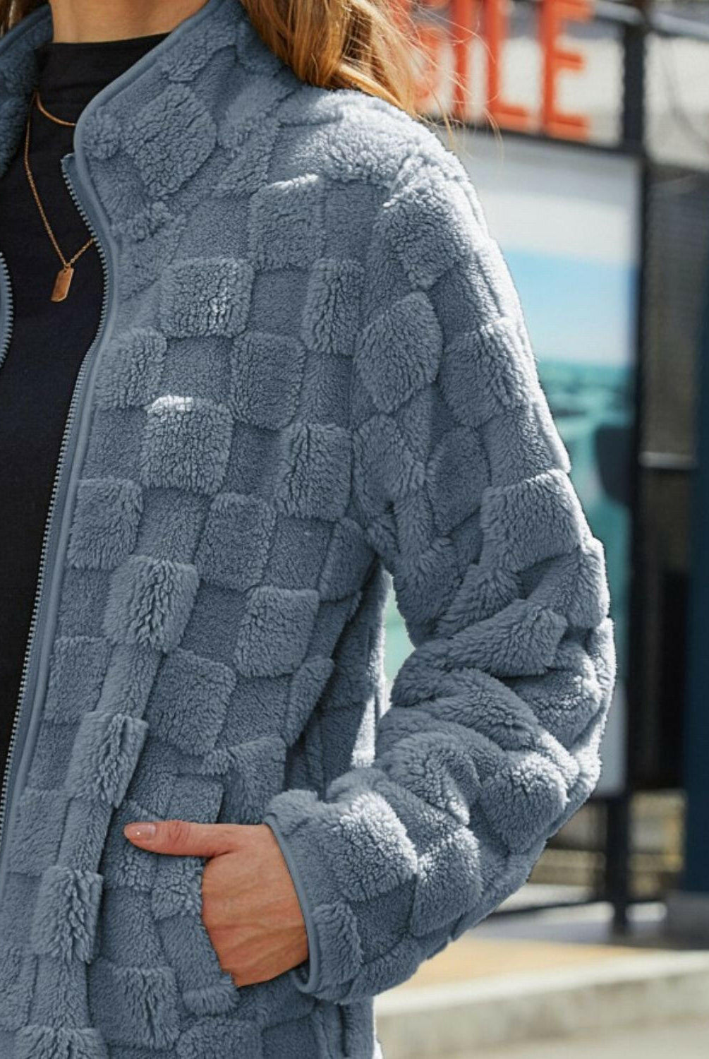 Fuzzy Checkered Zip Up Jacket-Krush Kandy, Women's Online Fashion Boutique Located in Phoenix, Arizona (Scottsdale Area)
