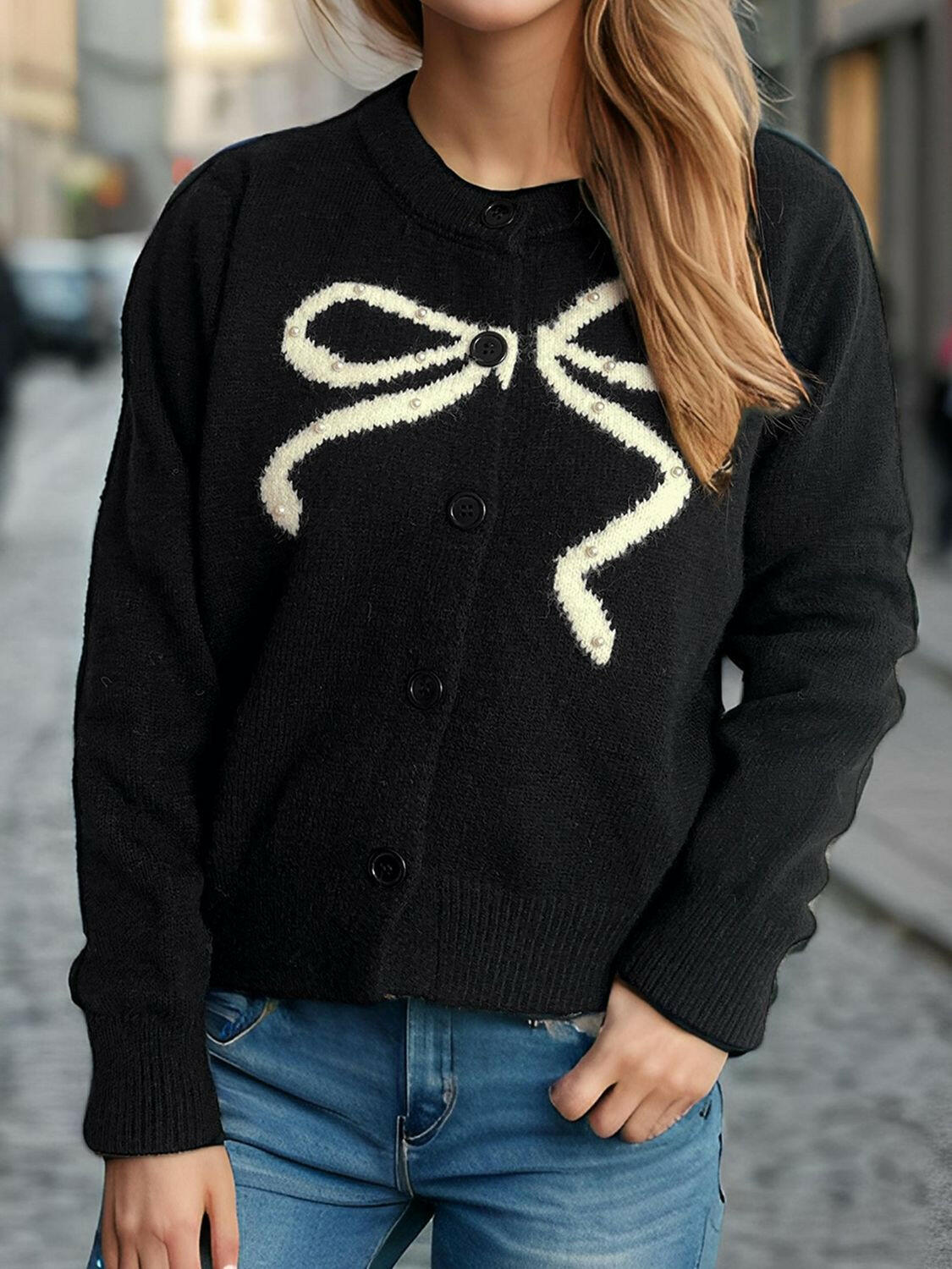 Bow Button Down Round Neck Cardigan-Krush Kandy, Women's Online Fashion Boutique Located in Phoenix, Arizona (Scottsdale Area)