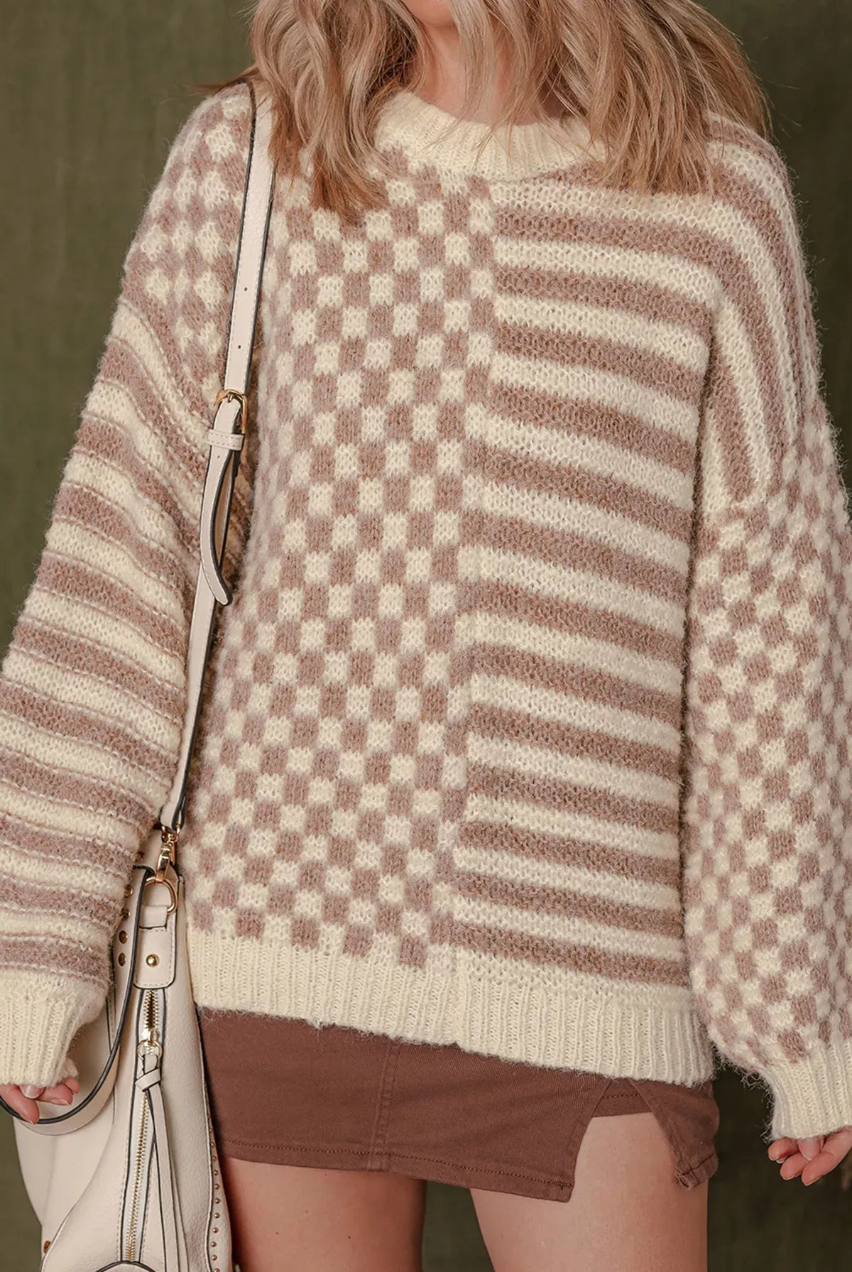 Stripe Checkerboard Drop Shoulder Balloon Sleeve Sweater-Sweaters-Krush Kandy, Women's Online Fashion Boutique Located in Phoenix, Arizona (Scottsdale Area)