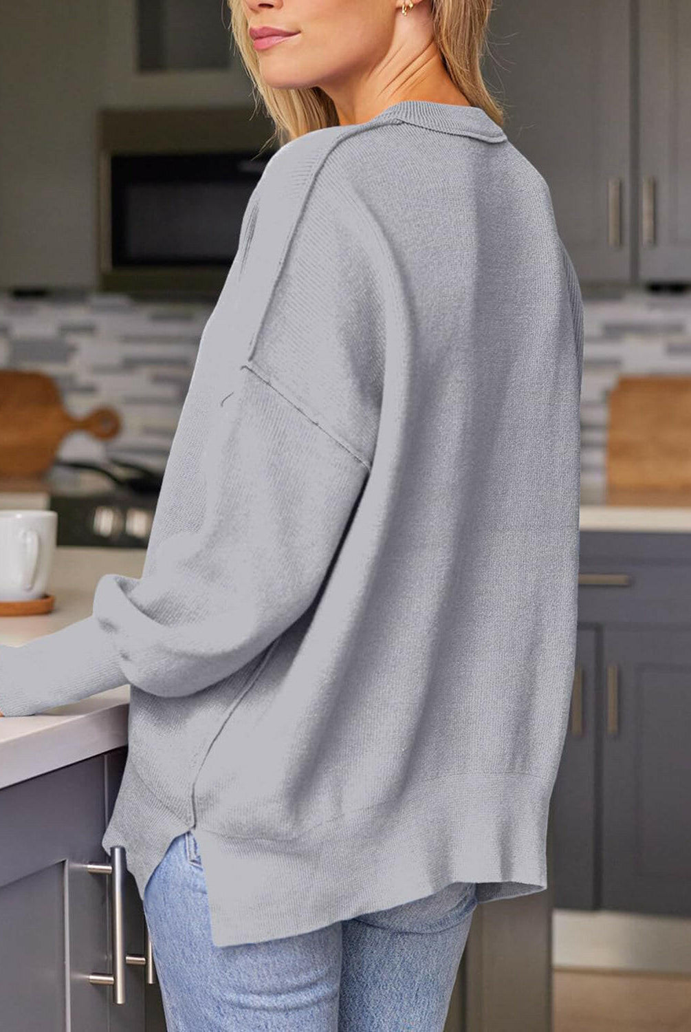 Slit Round Neck Dropped Shoulder Sweater-Krush Kandy, Women's Online Fashion Boutique Located in Phoenix, Arizona (Scottsdale Area)