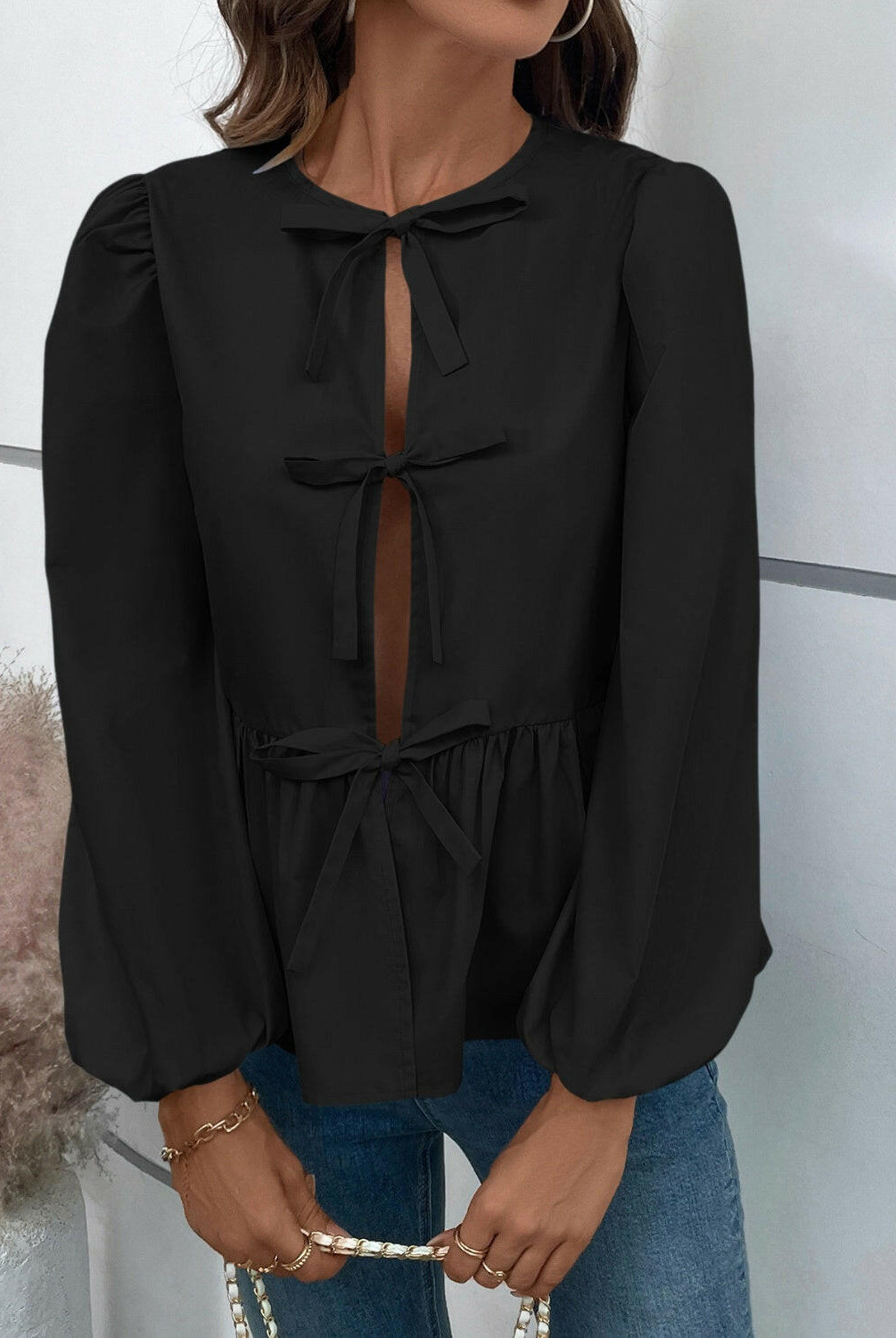 Ivy Lane Peplum Tied Long Sleeve Blouse-Krush Kandy, Women's Online Fashion Boutique Located in Phoenix, Arizona (Scottsdale Area)