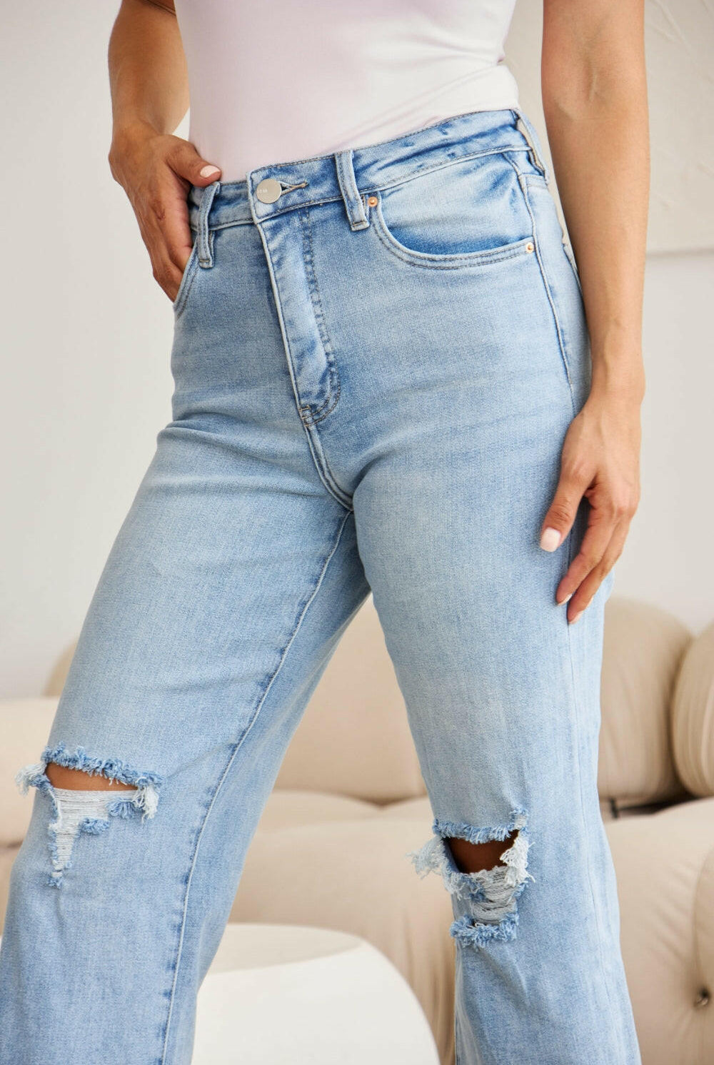 RfM Full Size Tummy Control High Waist Raw Hem Distressed Jeans-Krush Kandy, Women's Online Fashion Boutique Located in Phoenix, Arizona (Scottsdale Area)