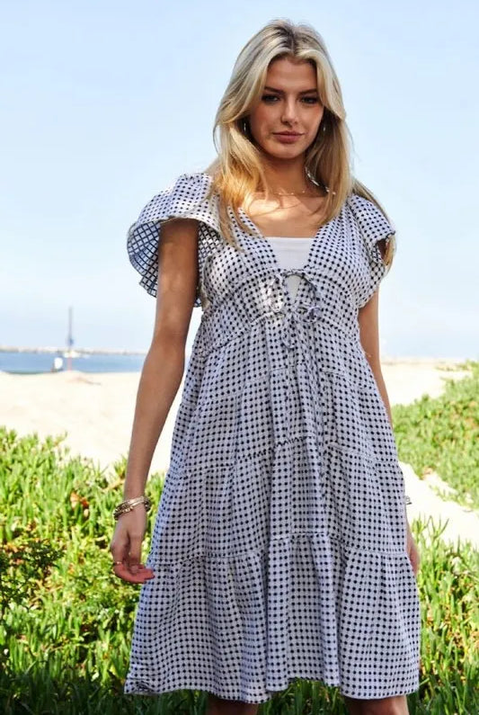 Davi & Dani Jacquard V-Neck Flutter Cap Sleeve Tiered Dress-Dresses-Krush Kandy, Women's Online Fashion Boutique Located in Phoenix, Arizona (Scottsdale Area)