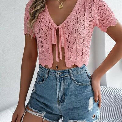 Tied Openwork Short Sleeve Cardigan-Krush Kandy, Women's Online Fashion Boutique Located in Phoenix, Arizona (Scottsdale Area)
