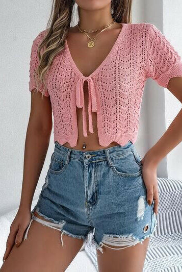 Tied Openwork Short Sleeve Cardigan-Krush Kandy, Women's Online Fashion Boutique Located in Phoenix, Arizona (Scottsdale Area)
