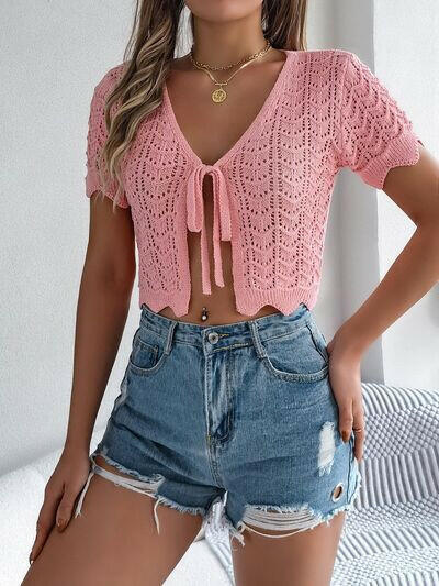 Tied Openwork Short Sleeve Cardigan-Krush Kandy, Women's Online Fashion Boutique Located in Phoenix, Arizona (Scottsdale Area)