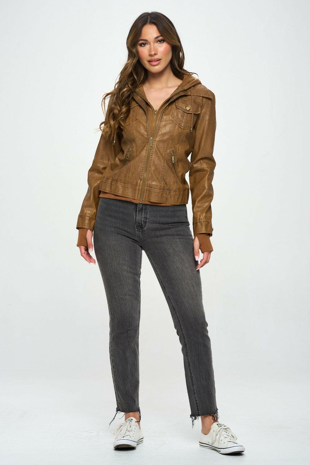 Brown Hooded Lined Vegan Leather Moto Jacket with Thumbholes. -Jackets-Krush Kandy, Women's Online Fashion Boutique Located in Phoenix, Arizona (Scottsdale Area)