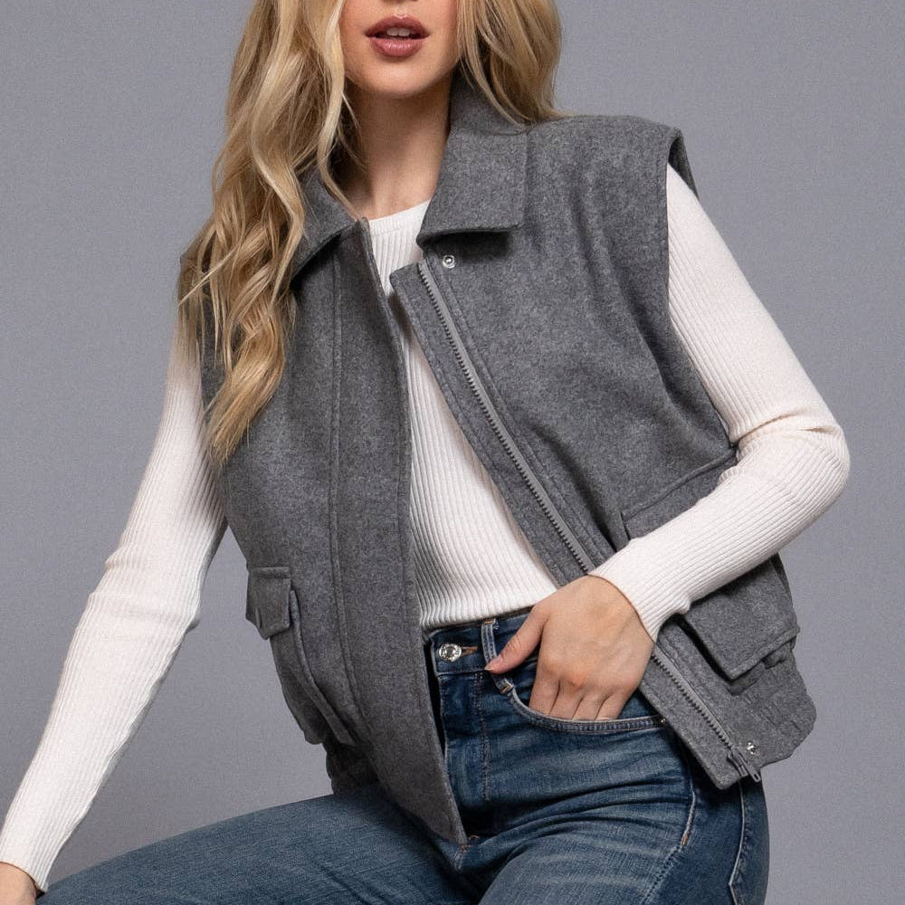 Notched Collar Soft Felt Zip Up Vest-Vests-Krush Kandy, Women's Online Fashion Boutique Located in Phoenix, Arizona (Scottsdale Area)