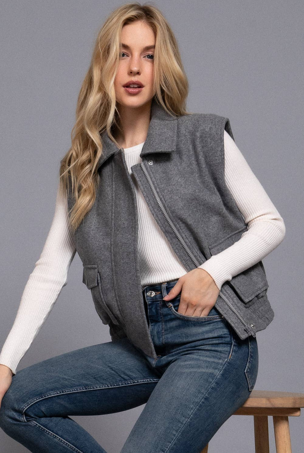 Notched Collar Soft Felt Zip Up Vest-Vests-Krush Kandy, Women's Online Fashion Boutique Located in Phoenix, Arizona (Scottsdale Area)