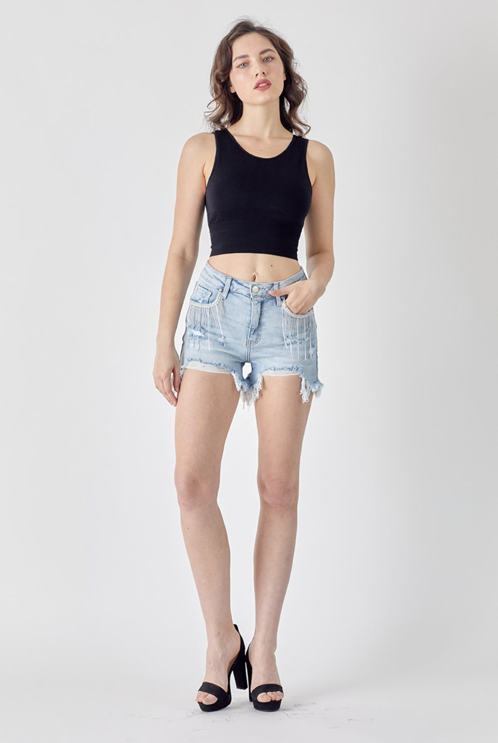 RISEN Frayed Hem Denim Shorts with Fringe Detail Pockets-Krush Kandy, Women's Online Fashion Boutique Located in Phoenix, Arizona (Scottsdale Area)