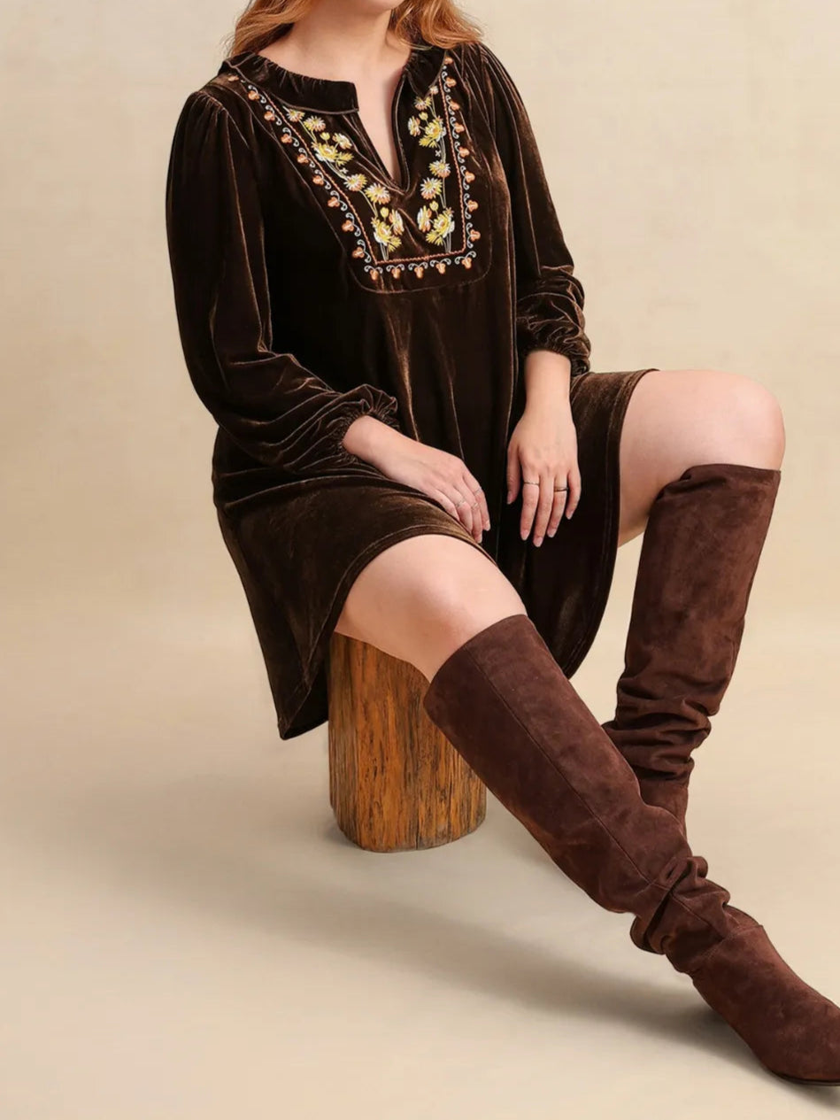 Plus Size Embroidered Notched Balloon Sleeve Mini Dress-Dresses-Krush Kandy, Women's Online Fashion Boutique Located in Phoenix, Arizona (Scottsdale Area)