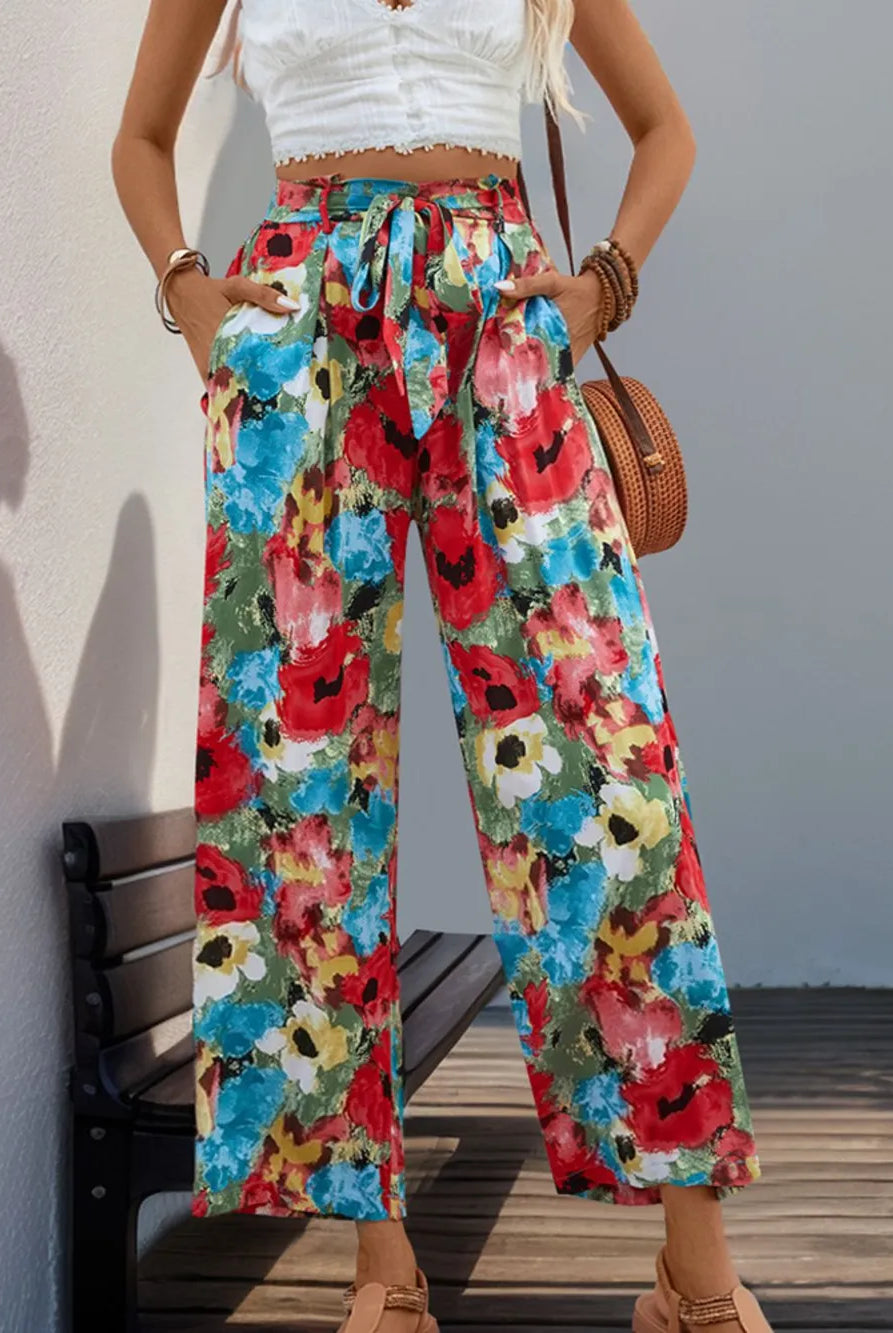 Perfee Tied Printed Wide Leg Pants-pants-Krush Kandy, Women's Online Fashion Boutique Located in Phoenix, Arizona (Scottsdale Area)