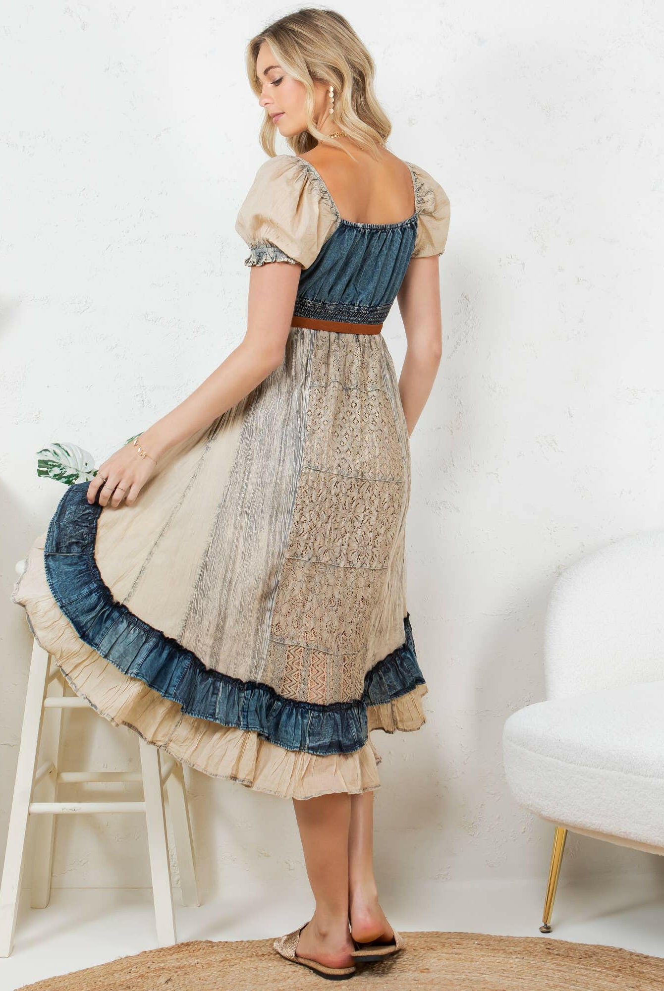 Boho Denim Patchwork Midi Dress-Dresses-Krush Kandy, Women's Online Fashion Boutique Located in Phoenix, Arizona (Scottsdale Area)
