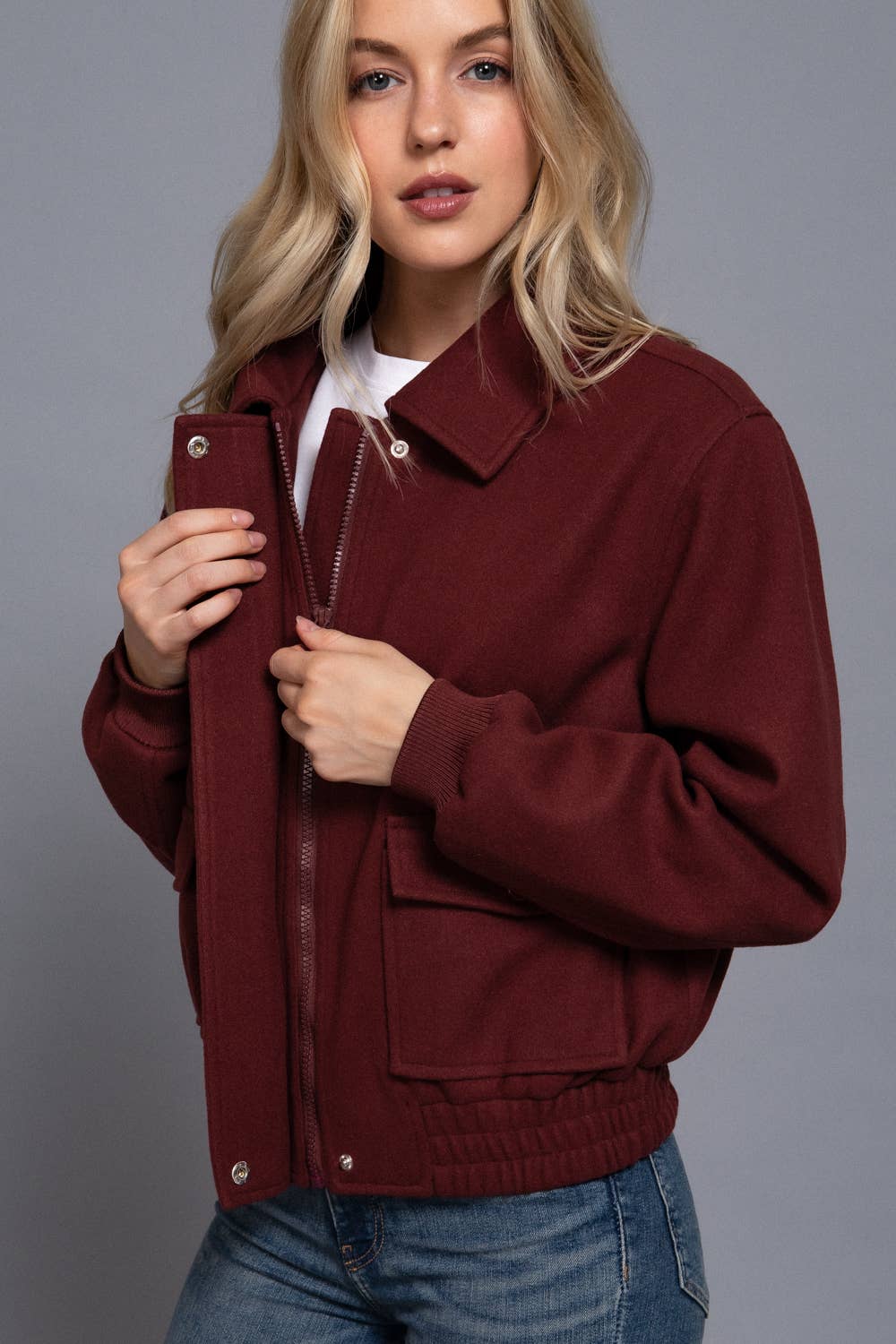 Long Sleeve Lapel Collar Soft Felt Bomber Jacket-Jackets-Krush Kandy, Women's Online Fashion Boutique Located in Phoenix, Arizona (Scottsdale Area)
