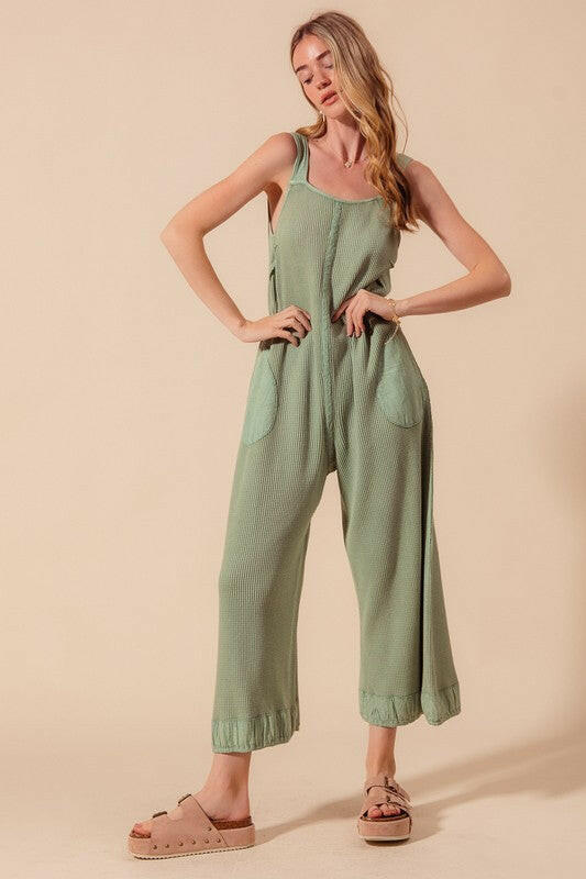 SO ME Mineral Washed Thermal Waffle Wide Leg Jumpsuit-Jumpsuits & Rompers-Krush Kandy, Women's Online Fashion Boutique Located in Phoenix, Arizona (Scottsdale Area)