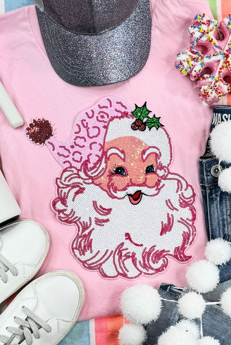 Retro Pink Sequin Santa Tee-Graphic Tees-Krush Kandy, Women's Online Fashion Boutique Located in Phoenix, Arizona (Scottsdale Area)