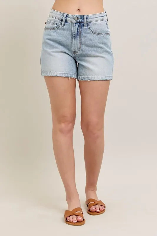 Judy Blue Full Size Frayed Hem High Rise Denim Shorts with Pockets Plus Size-Denim-Krush Kandy, Women's Online Fashion Boutique Located in Phoenix, Arizona (Scottsdale Area)