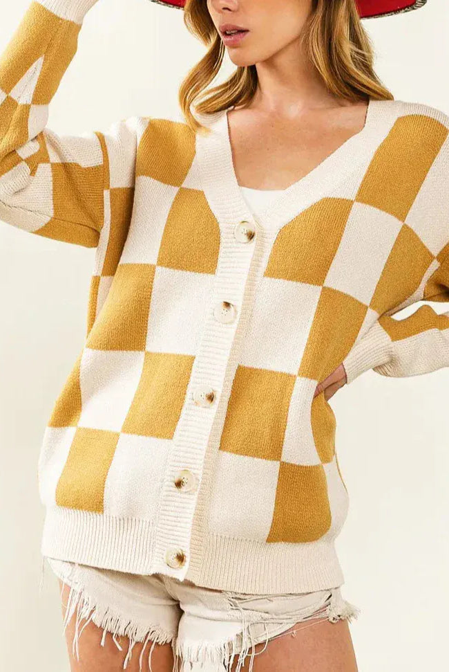 BiBi Checked V-neck Cardigan-Tops-Krush Kandy, Women's Online Fashion Boutique Located in Phoenix, Arizona (Scottsdale Area)