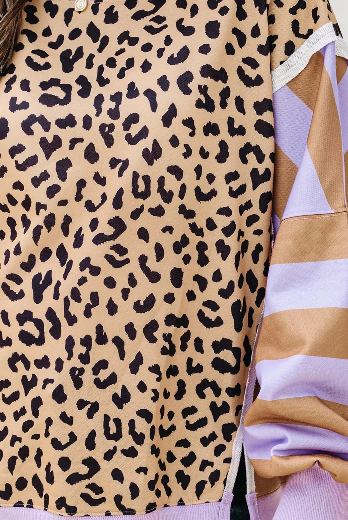 Stripe Color Block Patchwork Leopard Casual Sweatshirt with Slits-Sweaters-Krush Kandy, Women's Online Fashion Boutique Located in Phoenix, Arizona (Scottsdale Area)