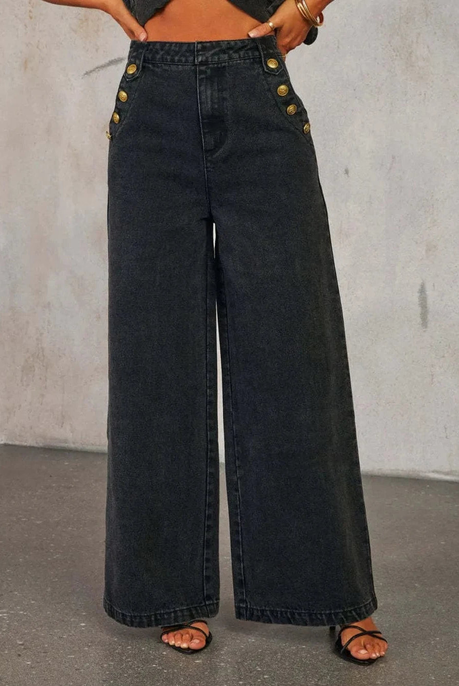 Button Decor High Rise Wide Leg Jeans-Krush Kandy, Women's Online Fashion Boutique Located in Phoenix, Arizona (Scottsdale Area)