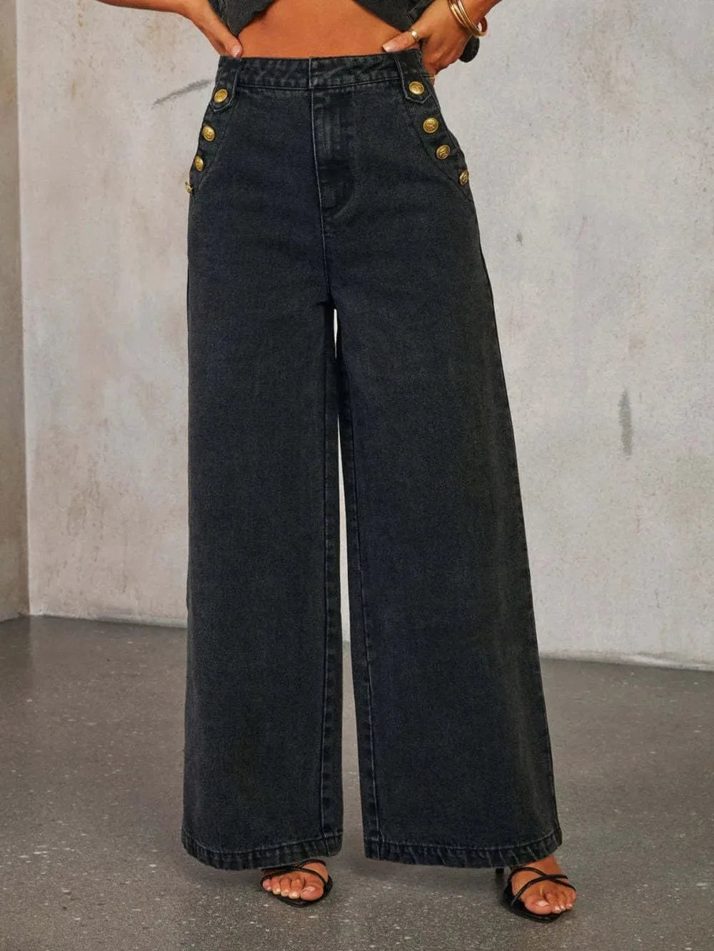 Button Decor High Rise Wide Leg Jeans-Krush Kandy, Women's Online Fashion Boutique Located in Phoenix, Arizona (Scottsdale Area)