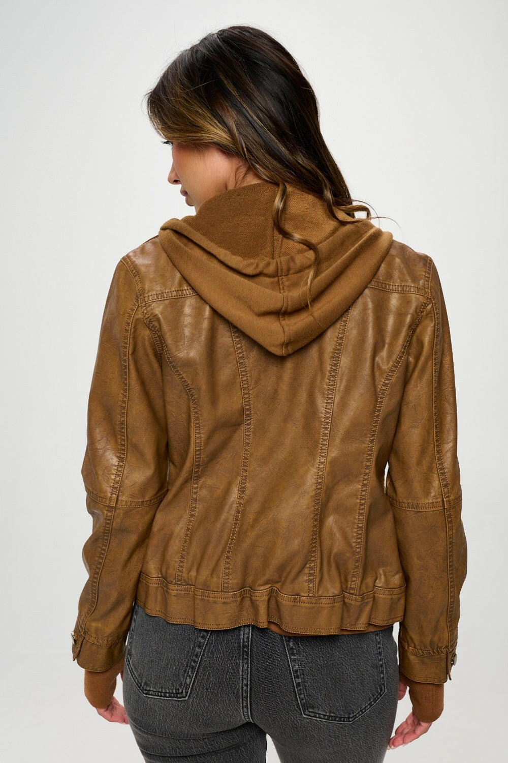 Hooded Lined Vegan Leather Moto Jacket with Thumbholes-Jackets-Krush Kandy, Women's Online Fashion Boutique Located in Phoenix, Arizona (Scottsdale Area)