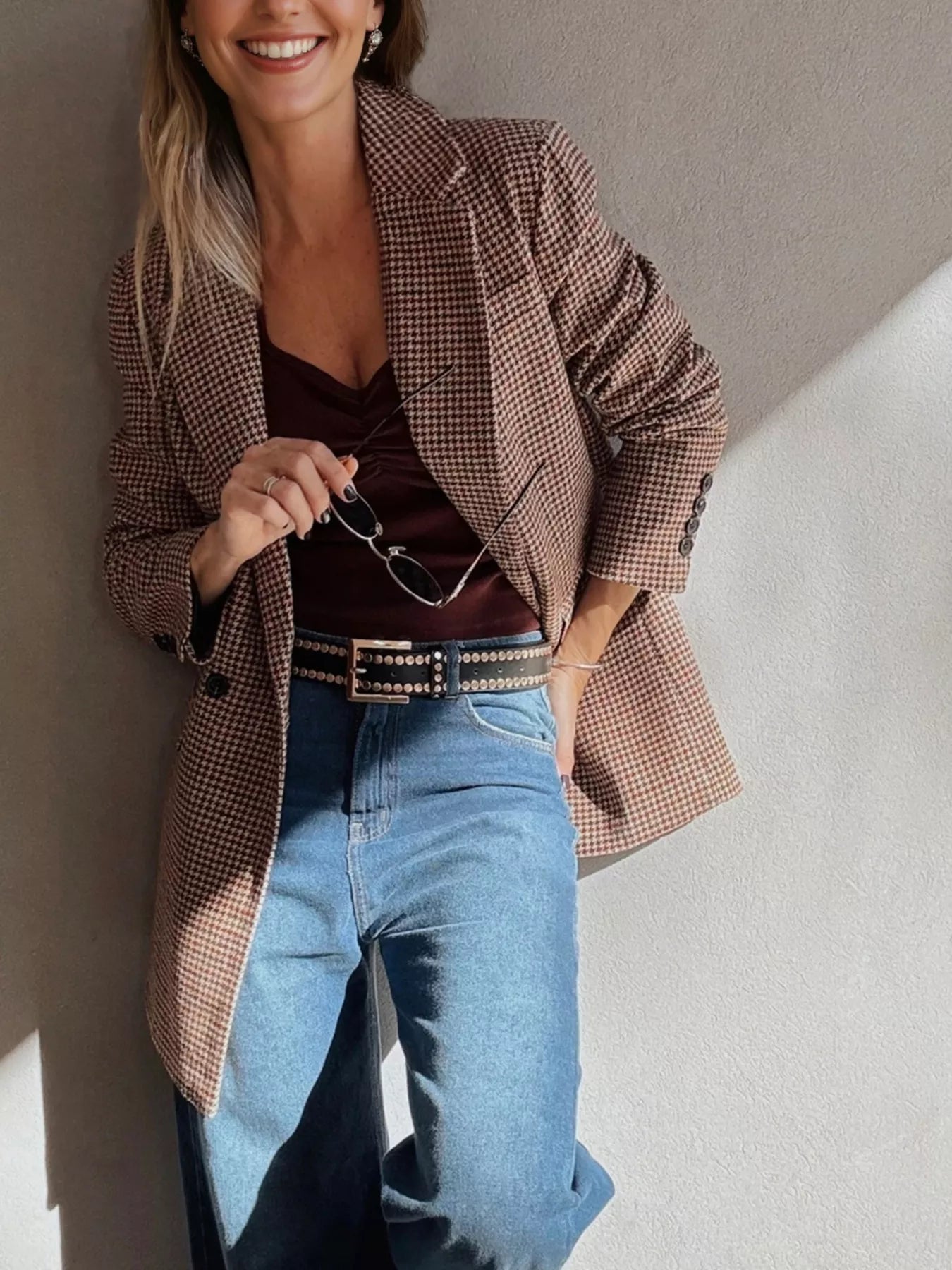 Houndstooth Lapel Collar Blazer-Blazers-Krush Kandy, Women's Online Fashion Boutique Located in Phoenix, Arizona (Scottsdale Area)