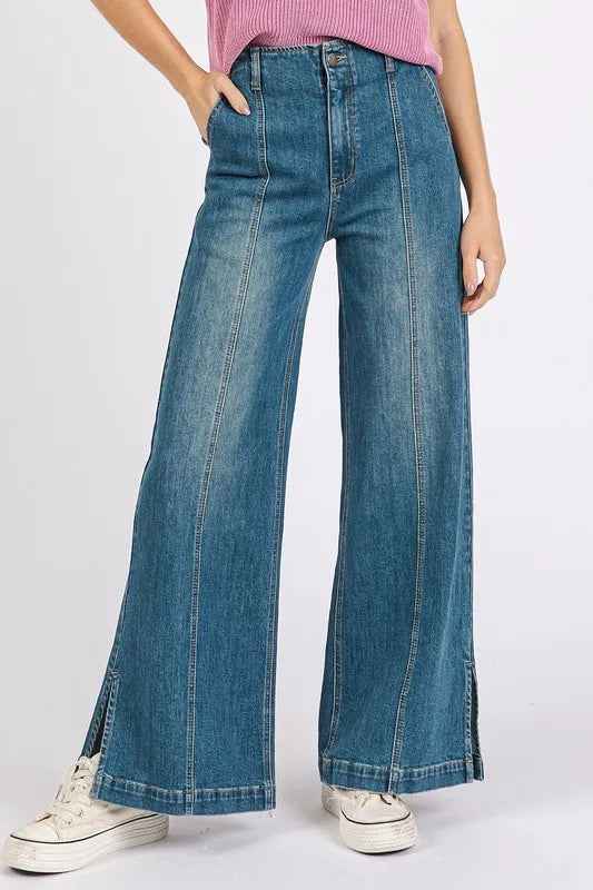 Mittoshop Medium Wash Seam Detail Wide Leg Denim Jeans-Jeans-Krush Kandy, Women's Online Fashion Boutique Located in Phoenix, Arizona (Scottsdale Area)