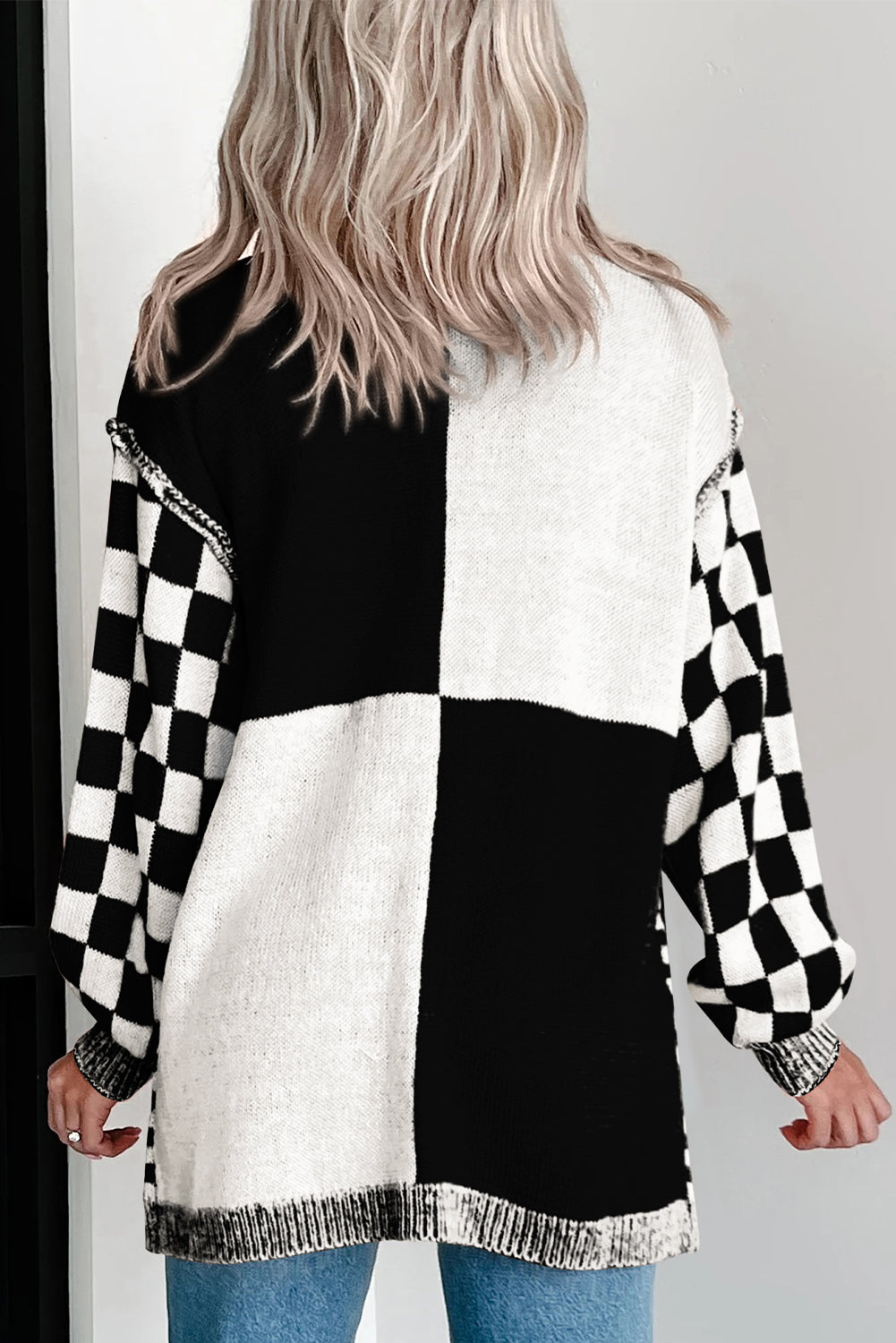 Black Checkered Colorblock Cardigan-Cardigans-Krush Kandy, Women's Online Fashion Boutique Located in Phoenix, Arizona (Scottsdale Area)