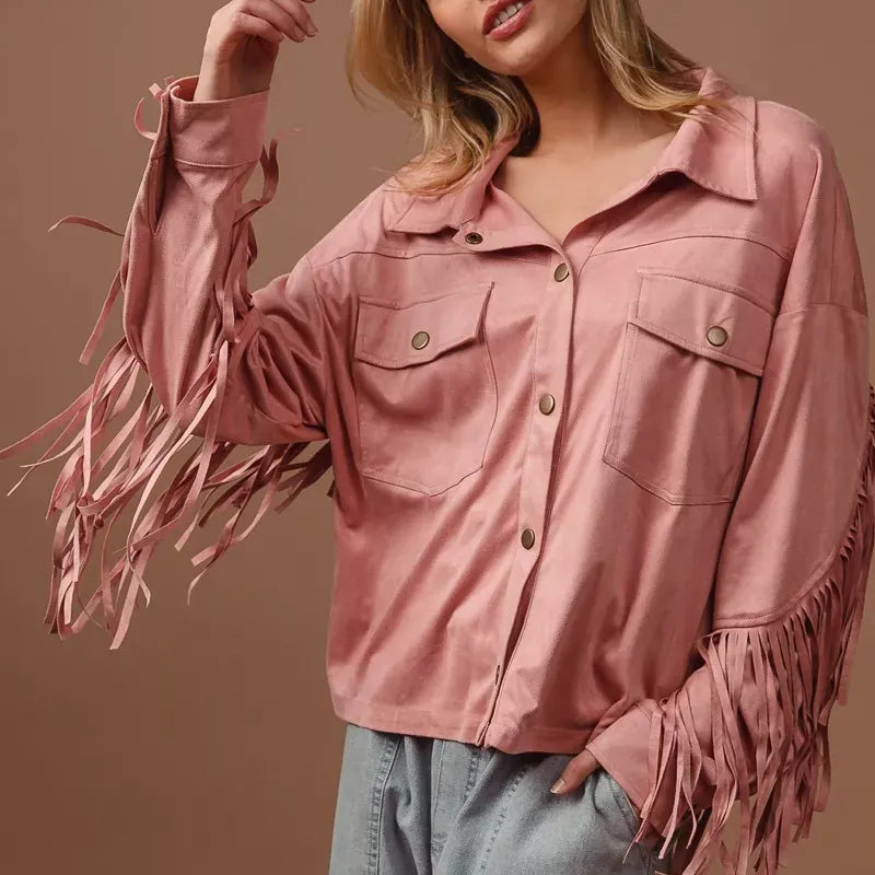 BiBi Suede Fringe Long Sleeve Jacket-Jacket-Krush Kandy, Women's Online Fashion Boutique Located in Phoenix, Arizona (Scottsdale Area)