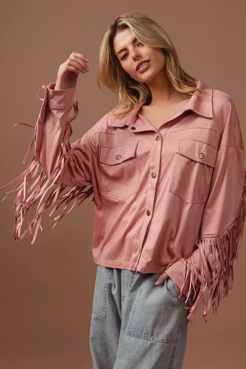 BiBi Suede Fringe Long Sleeve Jacket-Jacket-Krush Kandy, Women's Online Fashion Boutique Located in Phoenix, Arizona (Scottsdale Area)