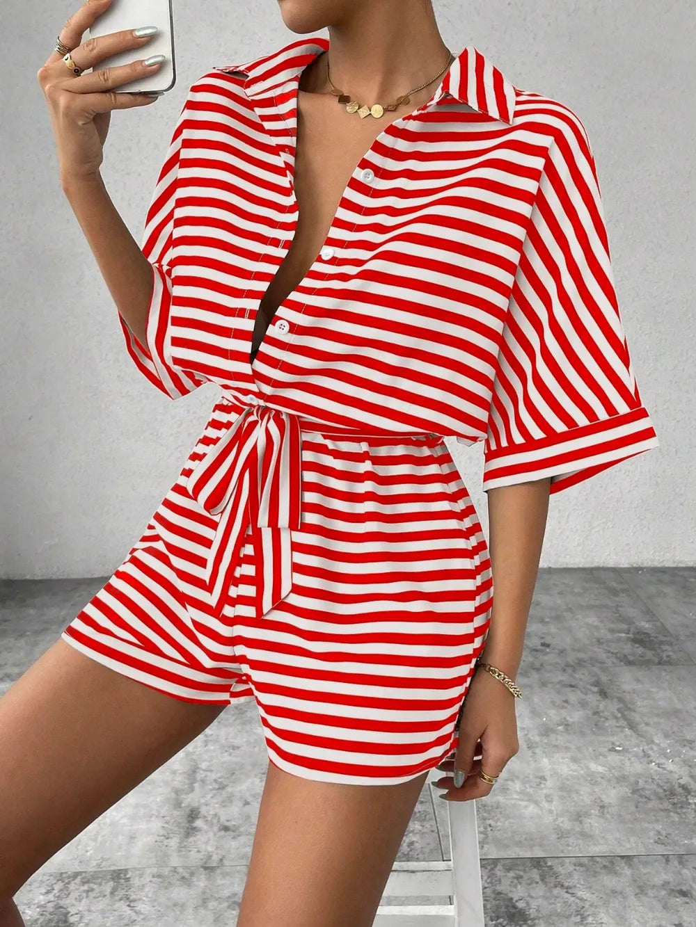 Tie Waist Half Button Striped Romper-Jumpsuits & Rompers-Krush Kandy, Women's Online Fashion Boutique Located in Phoenix, Arizona (Scottsdale Area)