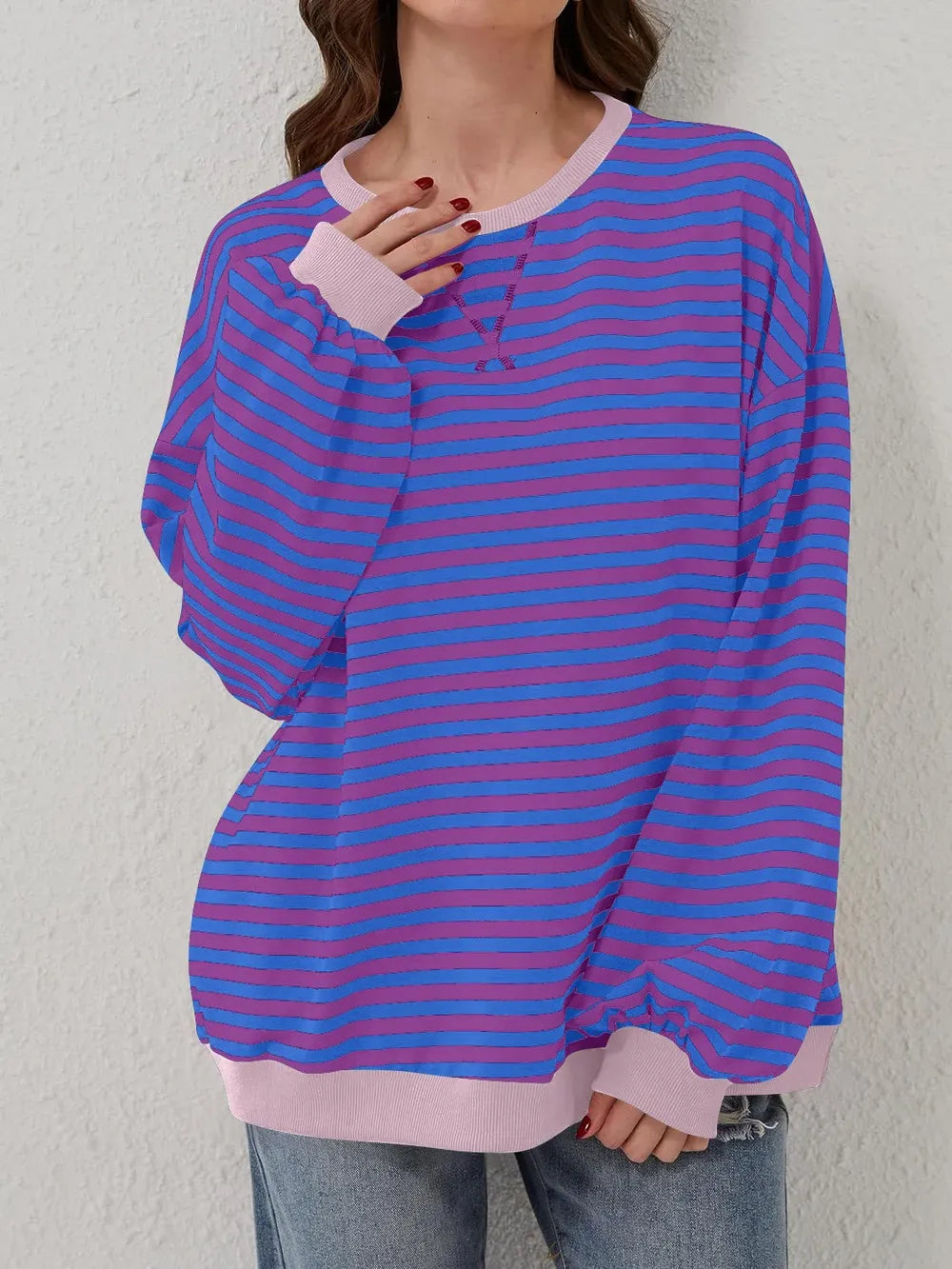 Lovelet Contrast Striped Long Sleeve Sweatshirt-Sweaters-Krush Kandy, Women's Online Fashion Boutique Located in Phoenix, Arizona (Scottsdale Area)