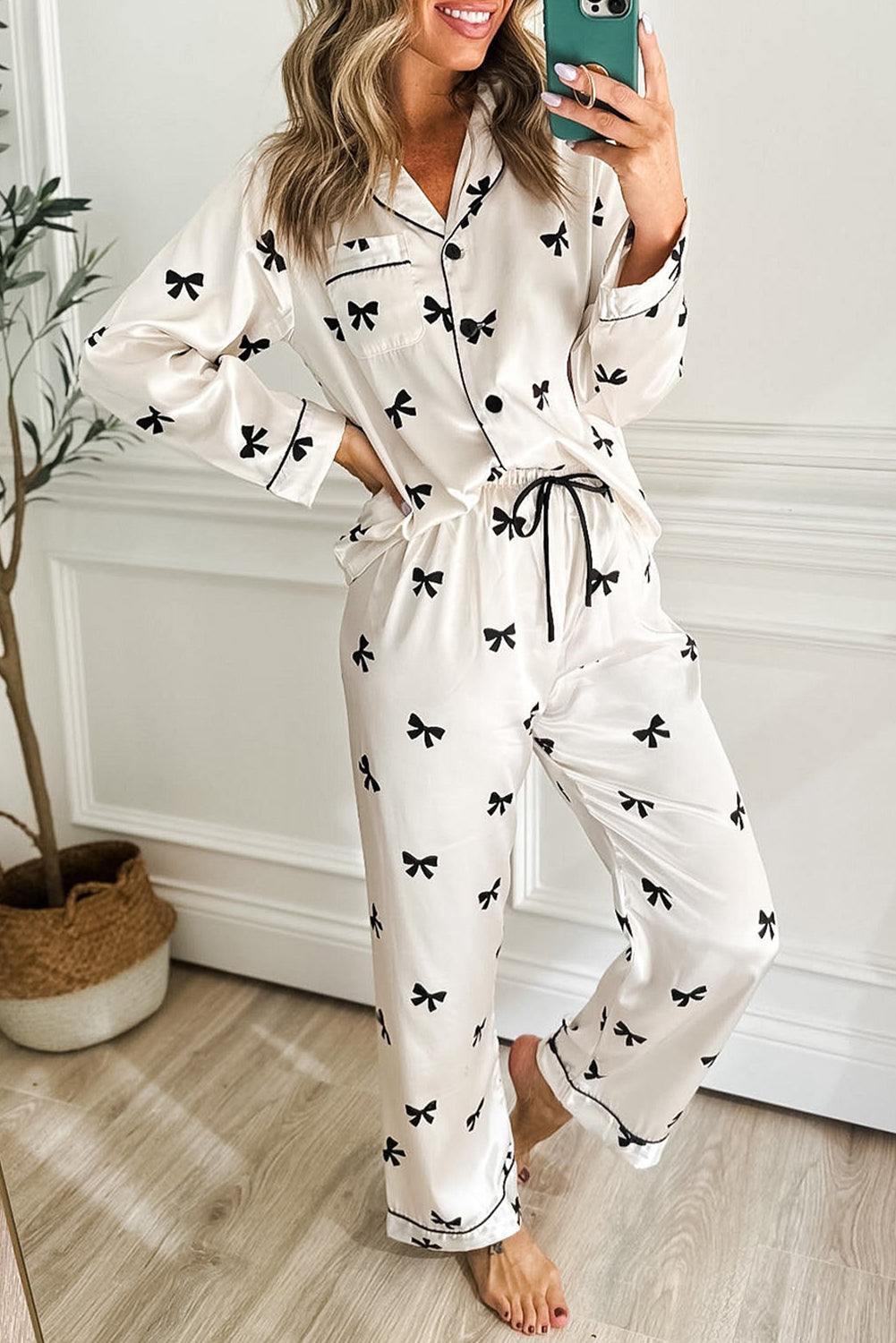 Black Bow Satin Pajama Set-Loungewear-Krush Kandy, Women's Online Fashion Boutique Located in Phoenix, Arizona (Scottsdale Area)