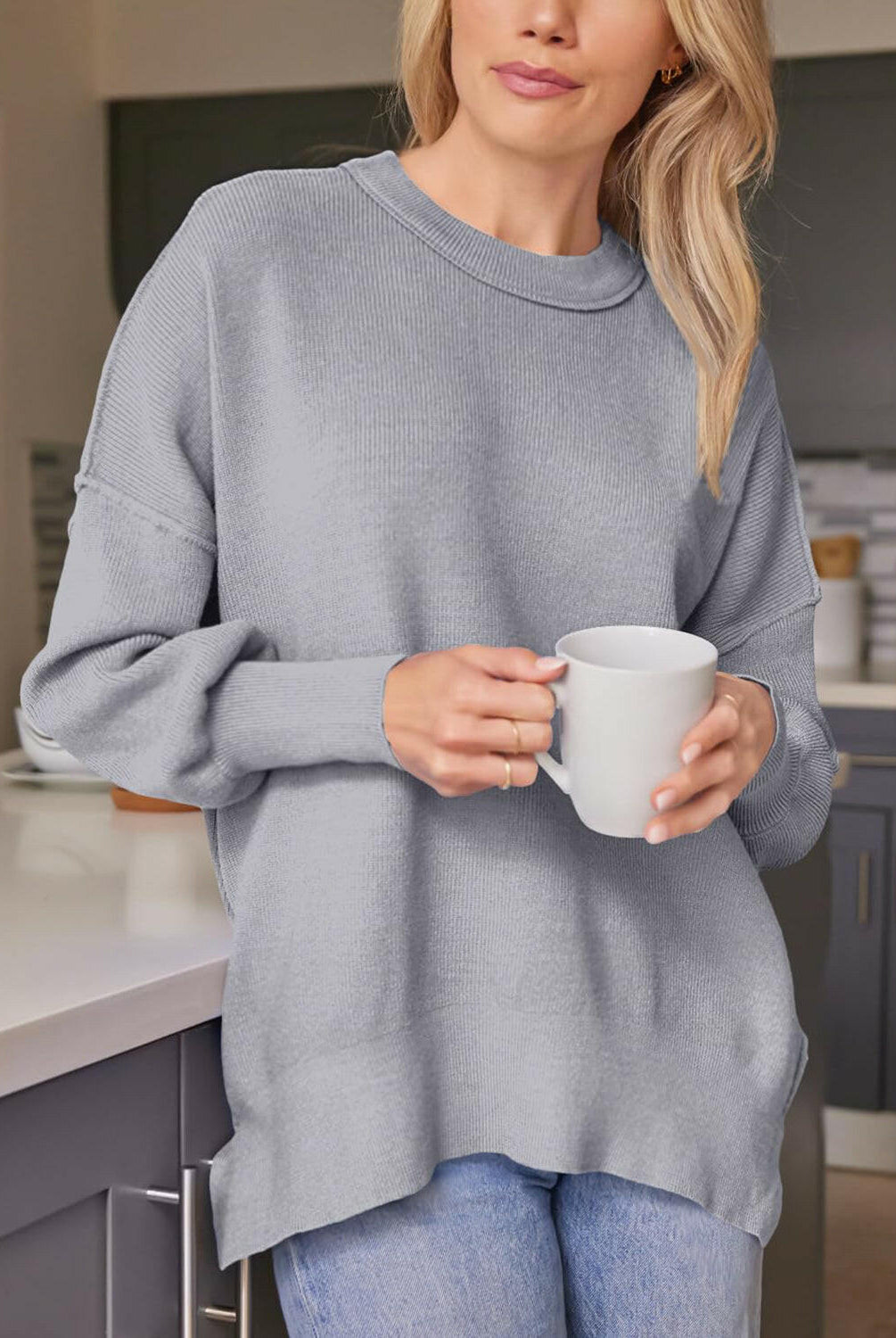 Slit Round Neck Dropped Shoulder Sweater-Krush Kandy, Women's Online Fashion Boutique Located in Phoenix, Arizona (Scottsdale Area)