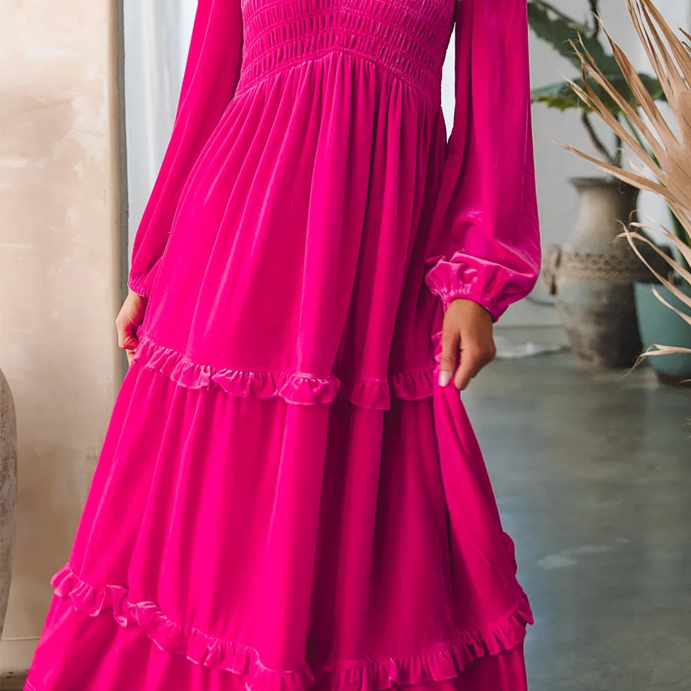 Frill V-Neck Balloon Sleeve Tiered Dress-Dresses-Krush Kandy, Women's Online Fashion Boutique Located in Phoenix, Arizona (Scottsdale Area)