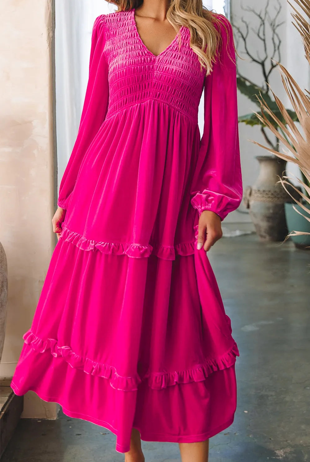 Frill V-Neck Balloon Sleeve Tiered Dress-Dresses-Krush Kandy, Women's Online Fashion Boutique Located in Phoenix, Arizona (Scottsdale Area)