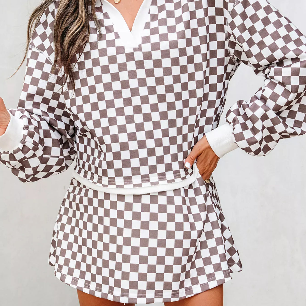 Checkered Print Polo Collar Cropped Long Sleeve Top and Drawstring Mini Skirt Set-2 Piece Outfit Sets-Krush Kandy, Women's Online Fashion Boutique Located in Phoenix, Arizona (Scottsdale Area)