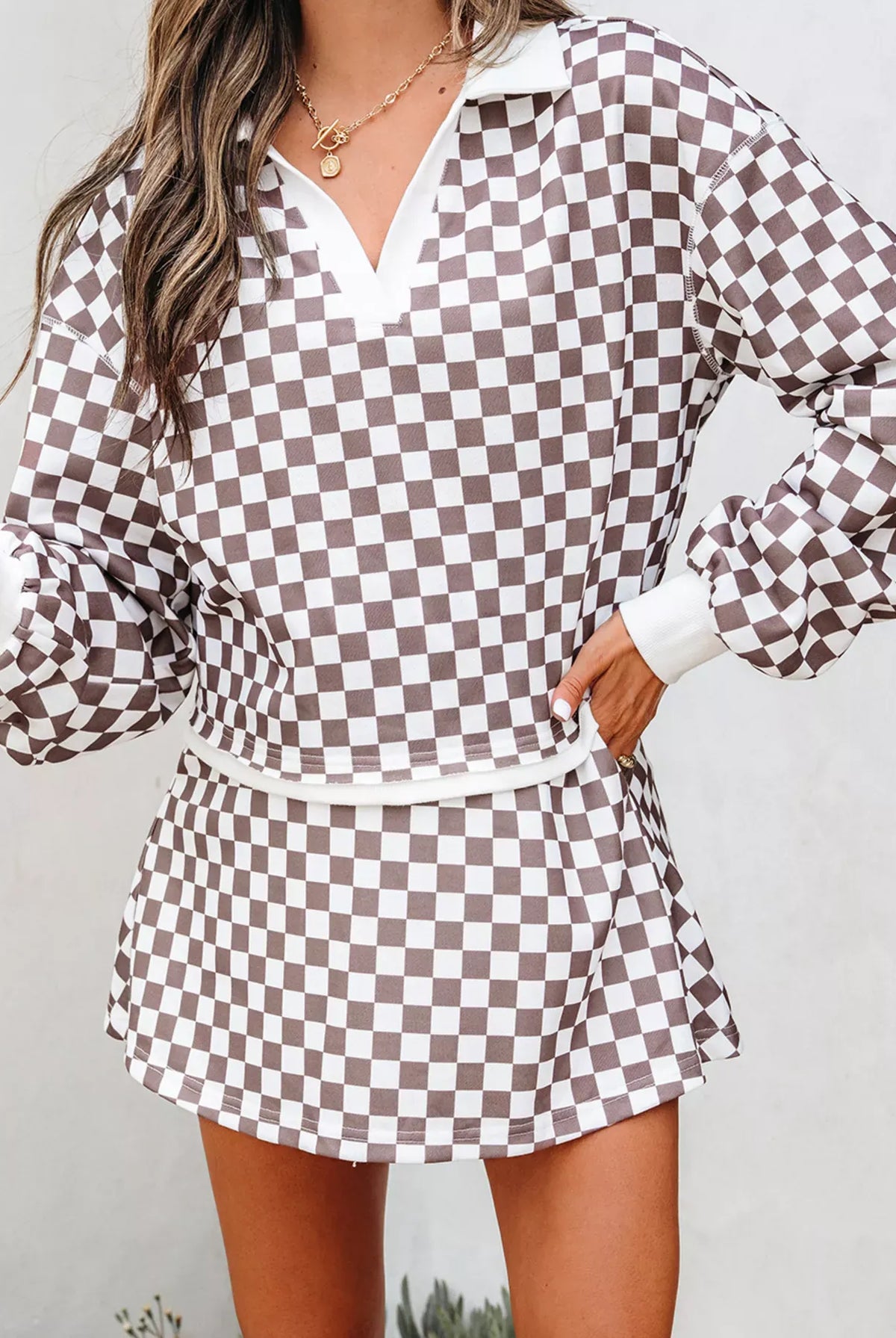 Checkered Print Polo Collar Cropped Long Sleeve Top and Drawstring Mini Skirt Set-2 Piece Outfit Sets-Krush Kandy, Women's Online Fashion Boutique Located in Phoenix, Arizona (Scottsdale Area)